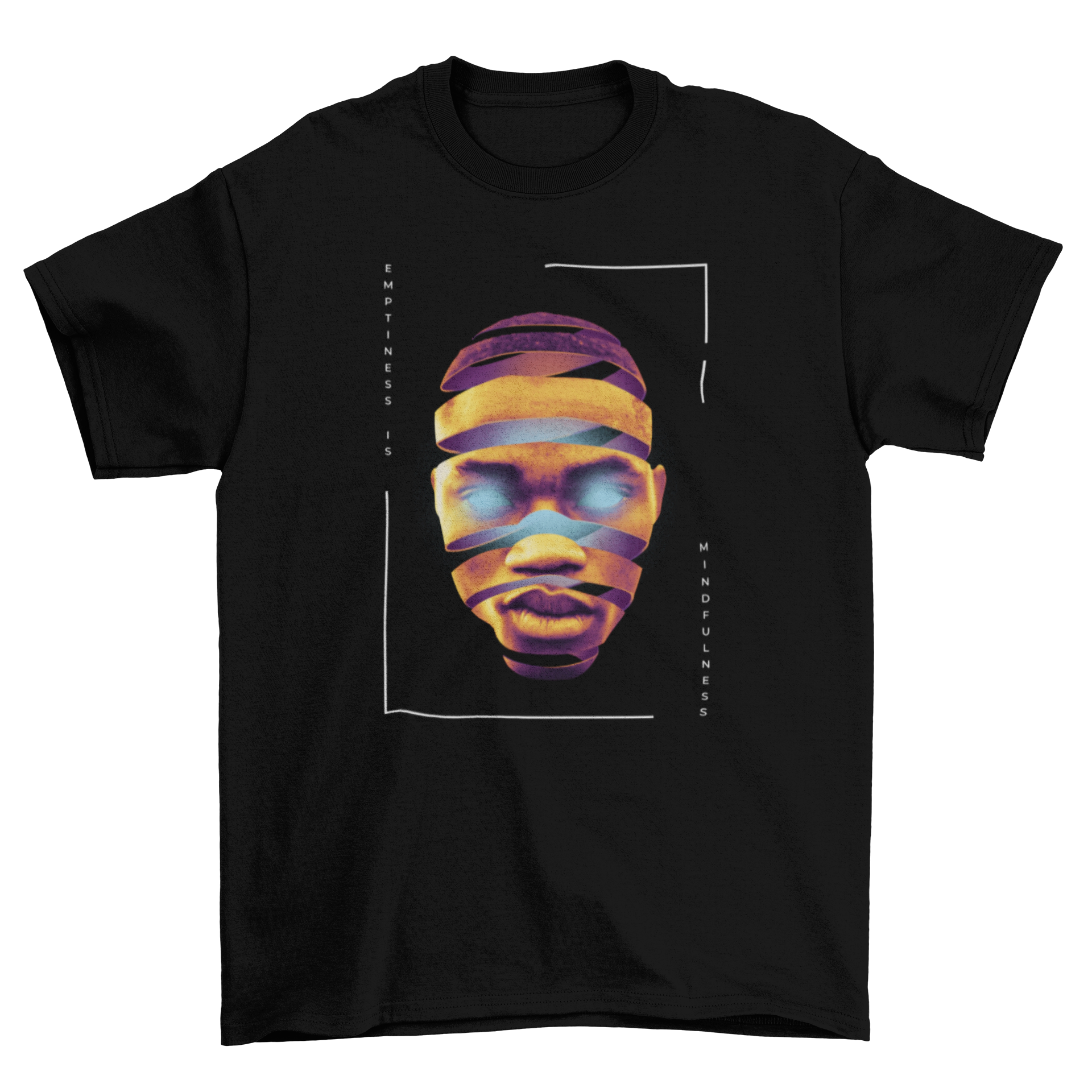 A vibrant t-shirt featuring a psychedelic face collage design with an inner light effect, showcasing a blend of colors and patterns.