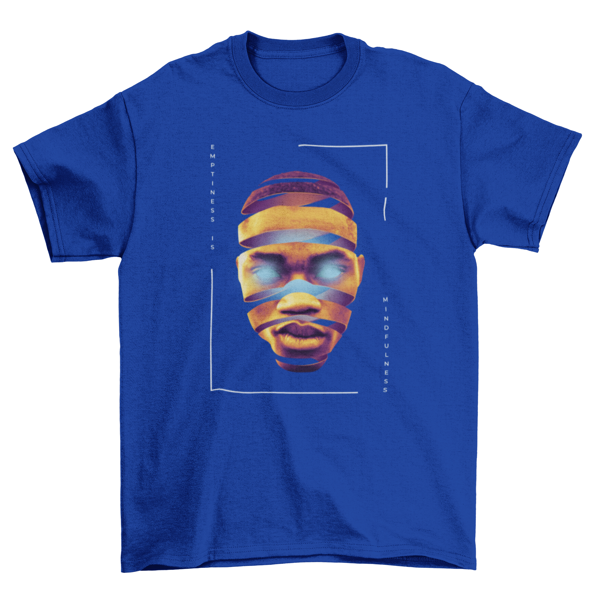 A vibrant t-shirt featuring a psychedelic face collage design with an inner light effect, showcasing a blend of colors and patterns.