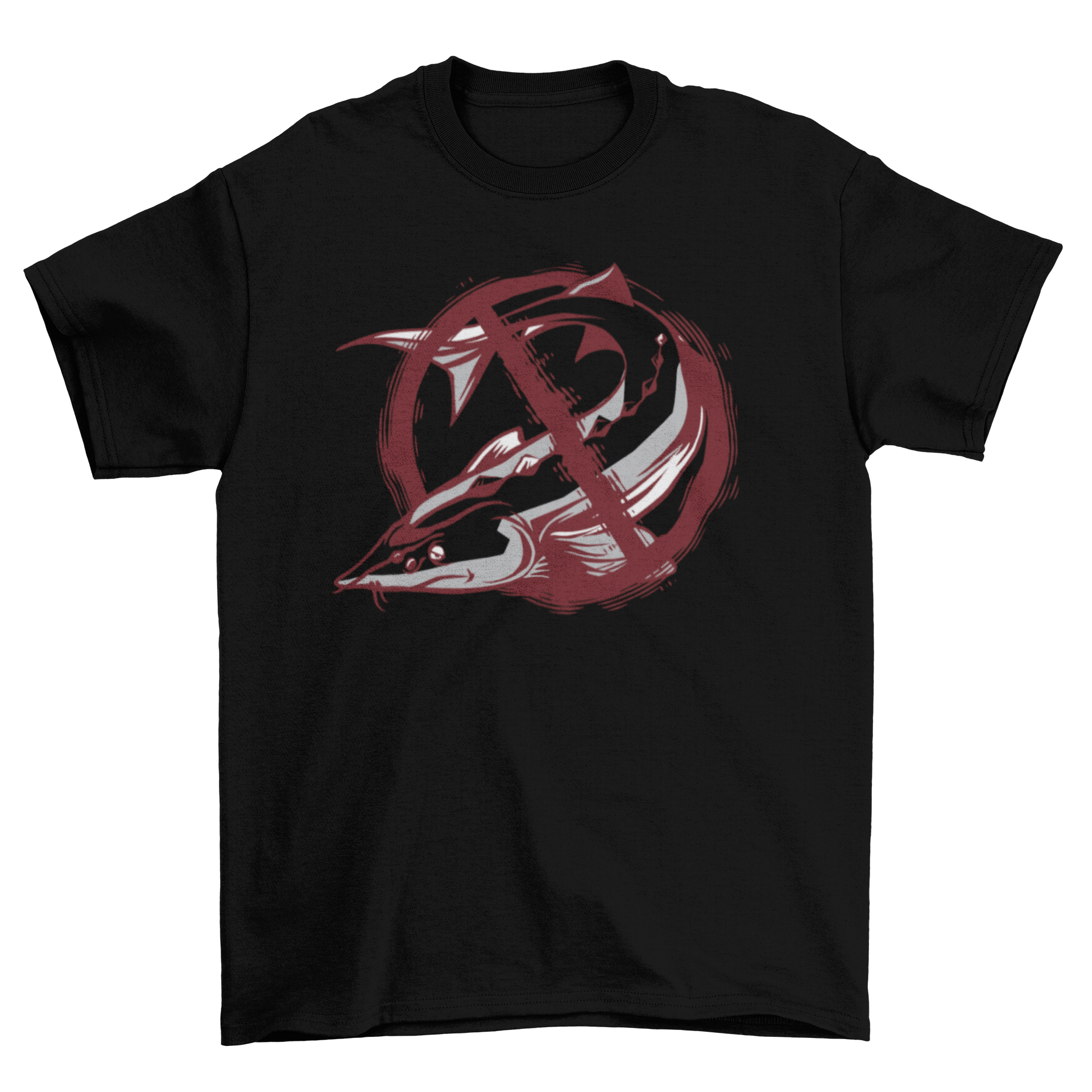 A stylish T-shirt featuring a sturgeon fish graphic with a grunge NO sign, perfect for casual wear.