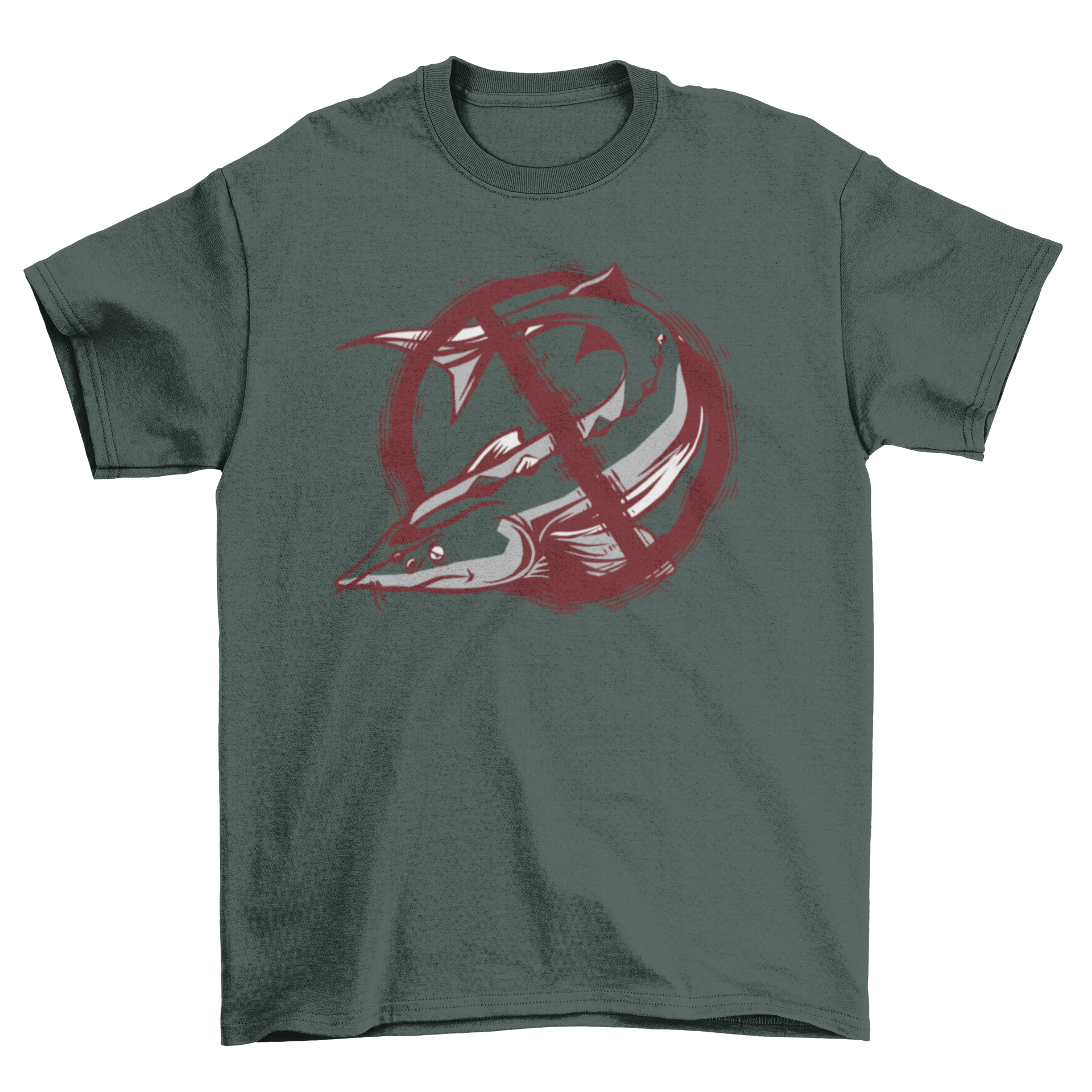 A stylish T-shirt featuring a sturgeon fish graphic with a grunge NO sign, perfect for casual wear.