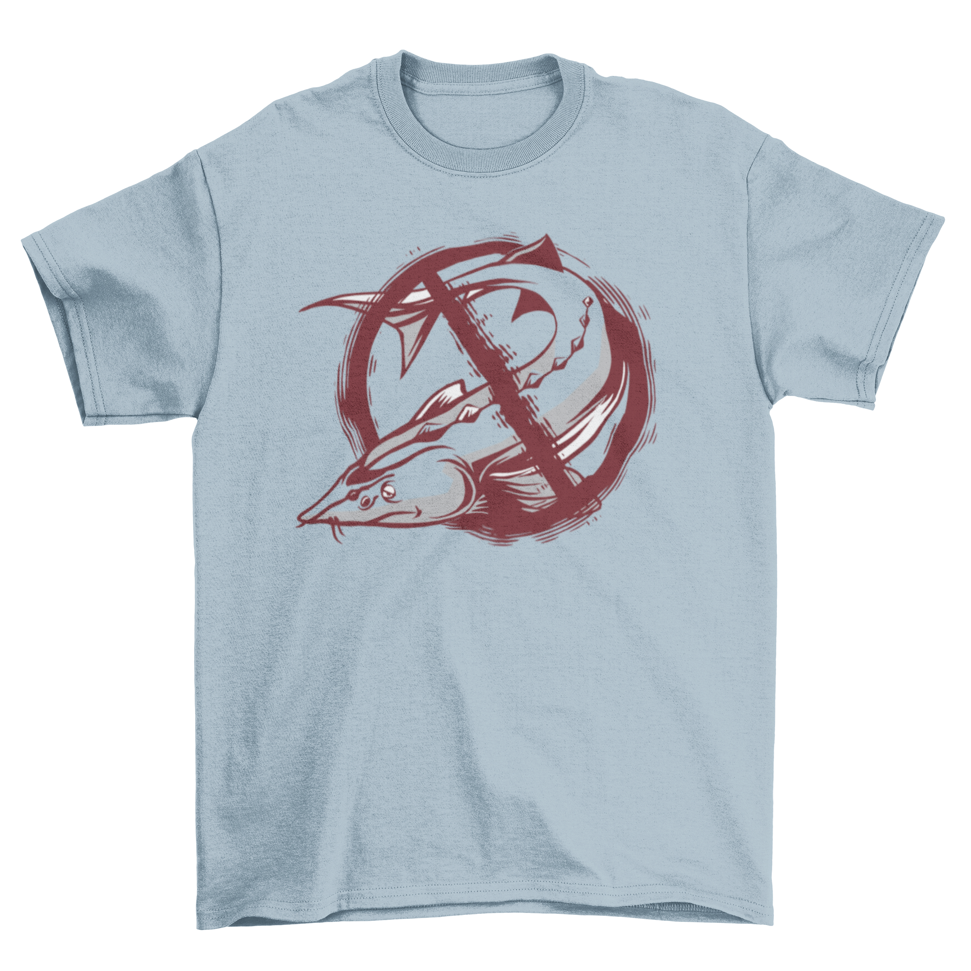 A stylish T-shirt featuring a sturgeon fish graphic with a grunge NO sign, perfect for casual wear.