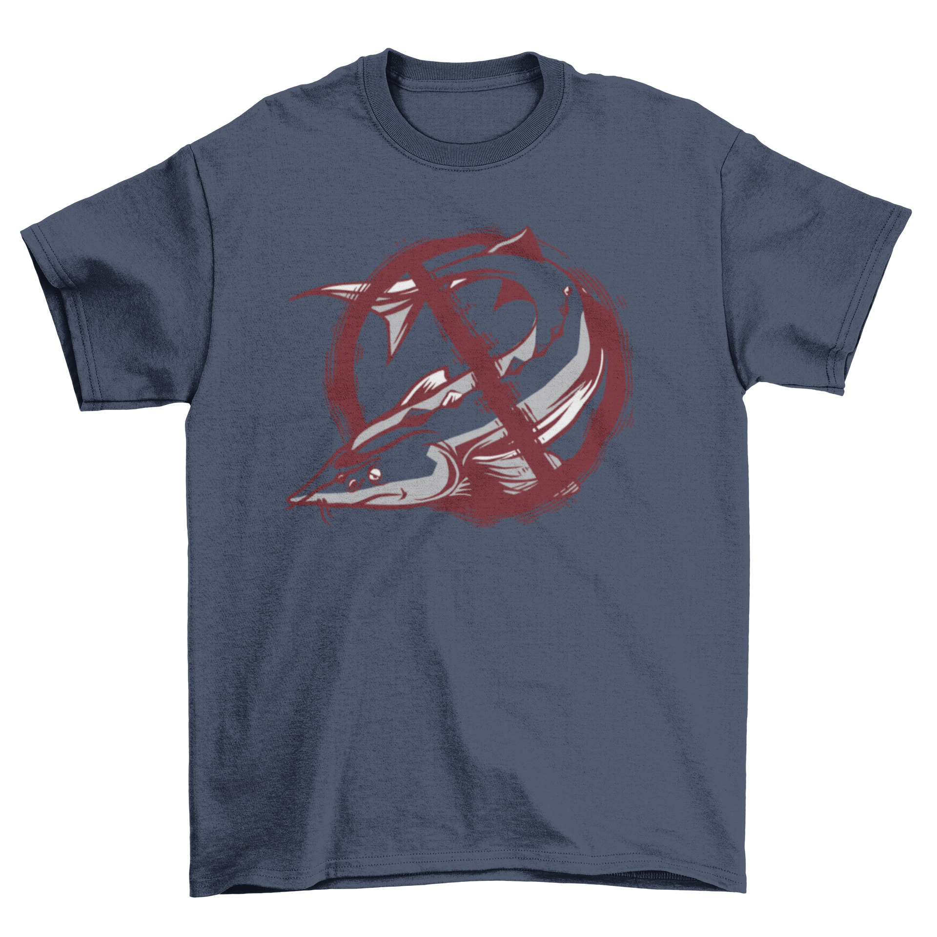 A stylish T-shirt featuring a sturgeon fish graphic with a grunge NO sign, perfect for casual wear.