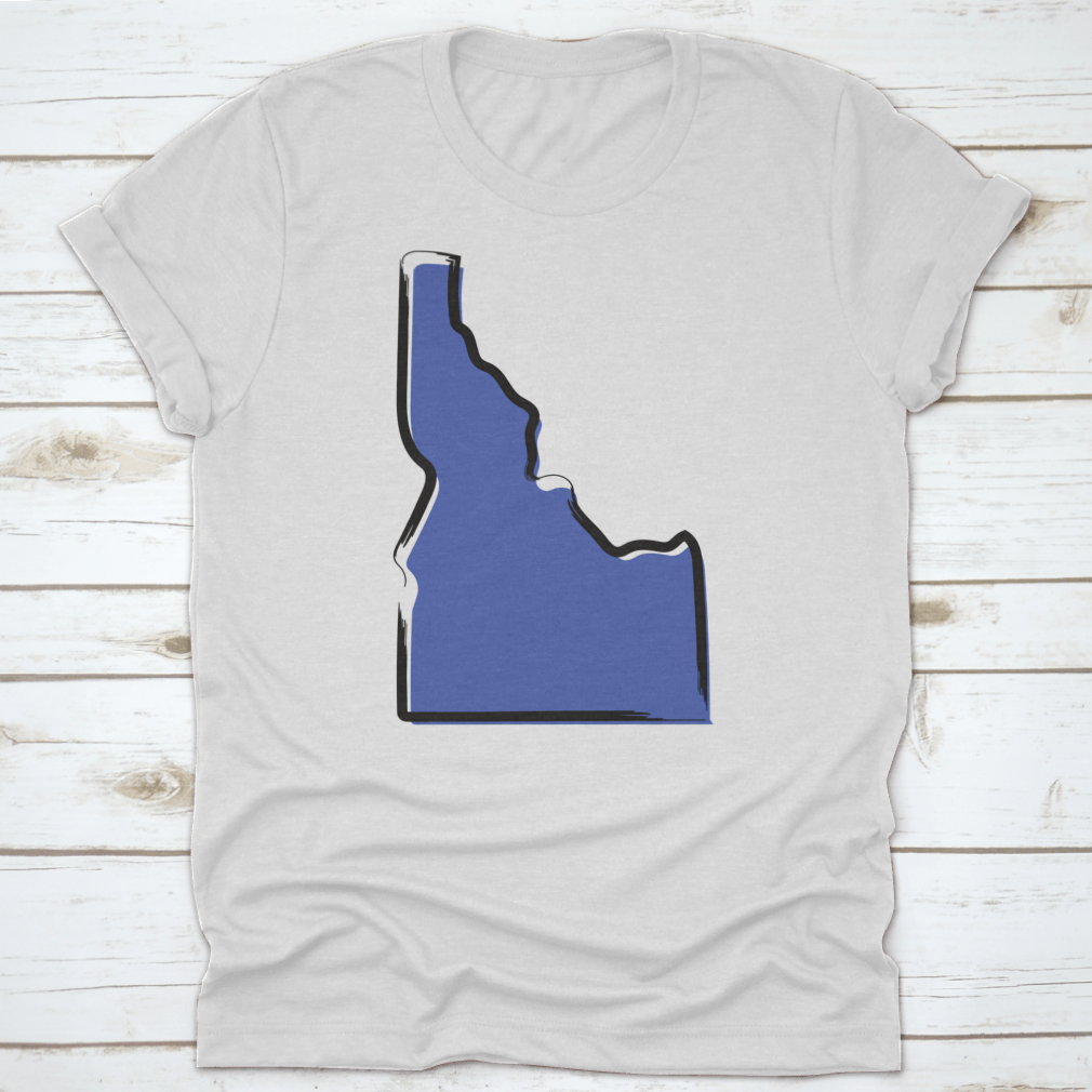 Stylized blue sketch map of Idaho, showcasing scenic landscapes and travel destinations.