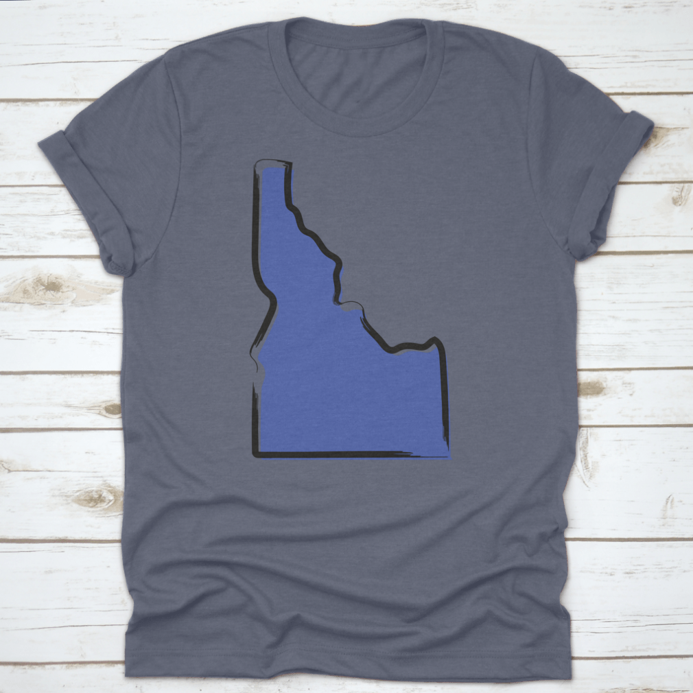 Stylized blue sketch map of Idaho, showcasing scenic landscapes and travel destinations.