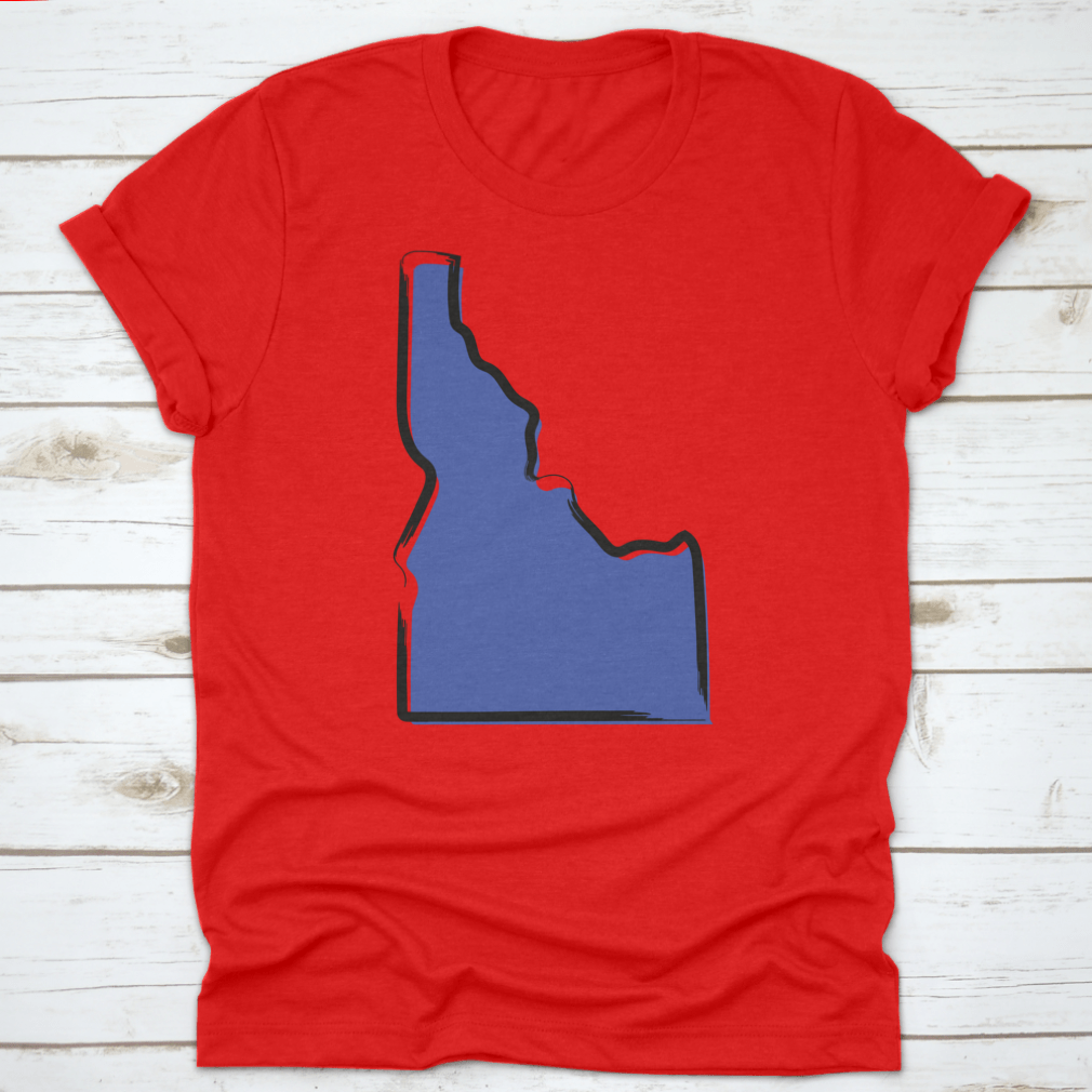 Stylized blue sketch map of Idaho, showcasing scenic landscapes and travel destinations.