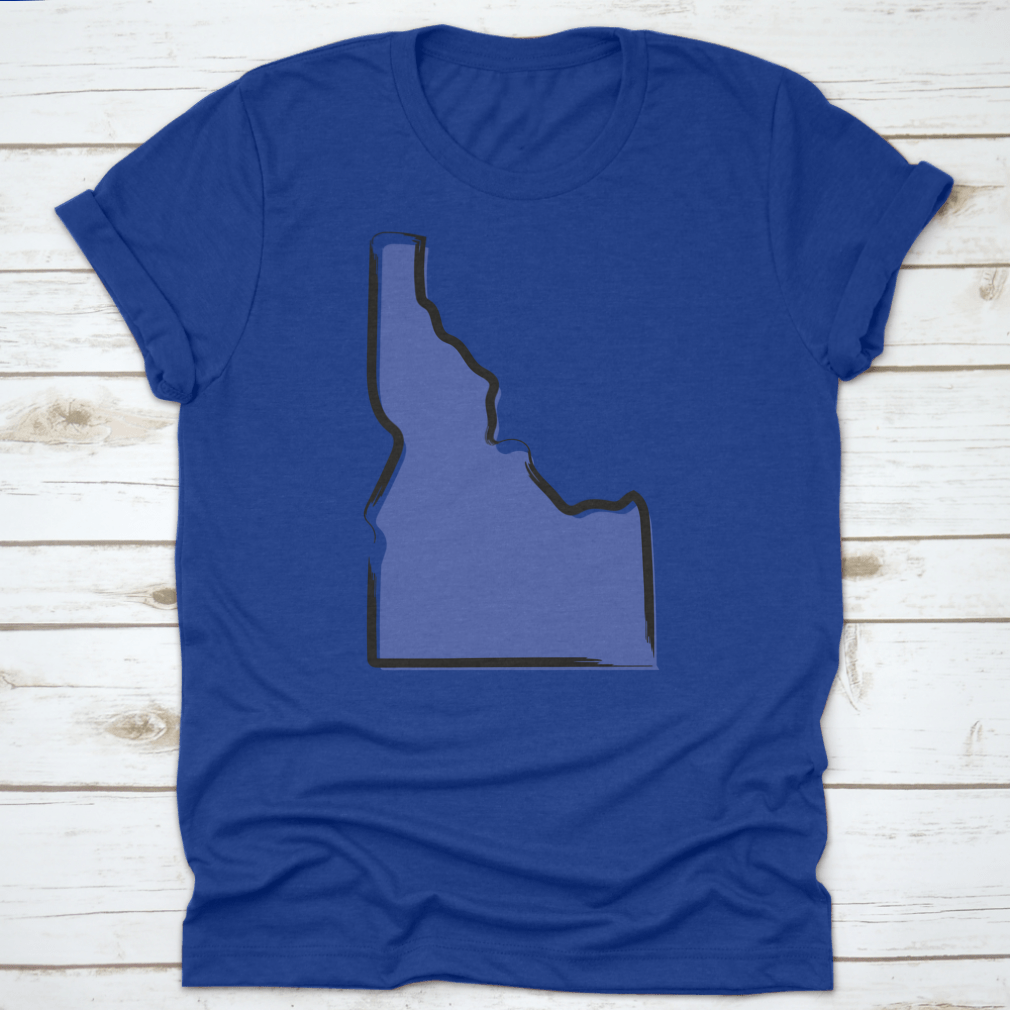 Stylized blue sketch map of Idaho, showcasing scenic landscapes and travel destinations.