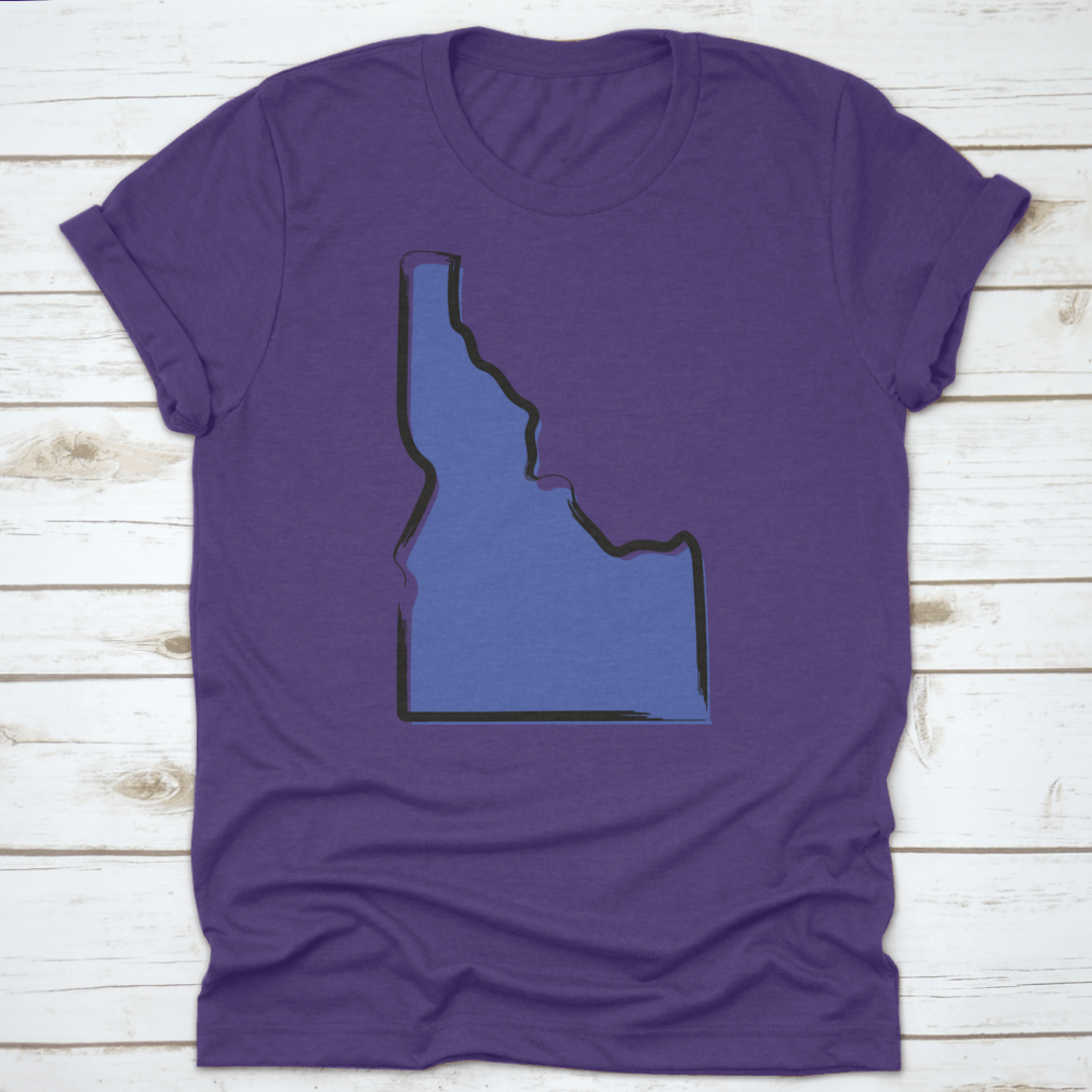 Stylized blue sketch map of Idaho, showcasing scenic landscapes and travel destinations.