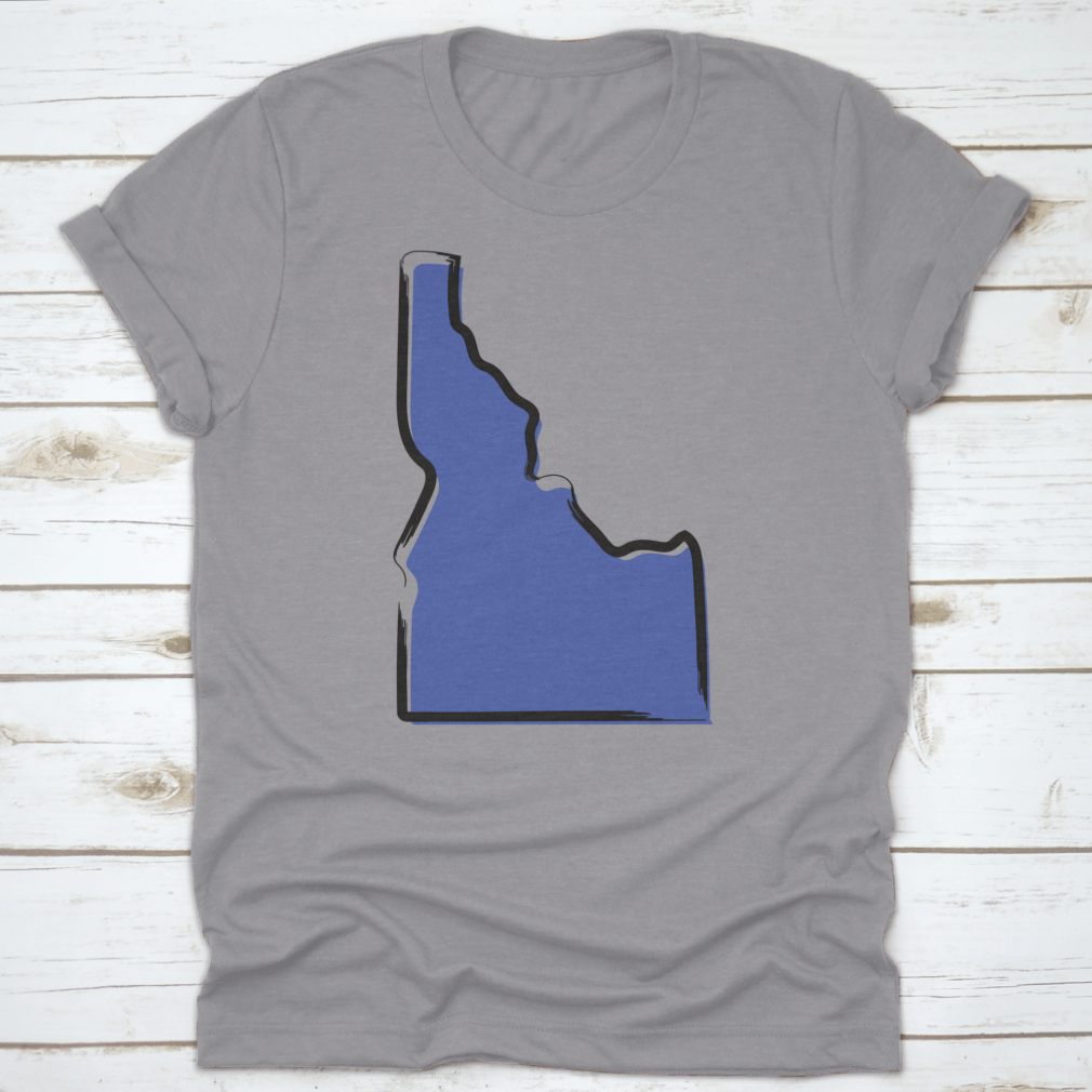 Stylized blue sketch map of Idaho, showcasing scenic landscapes and travel destinations.