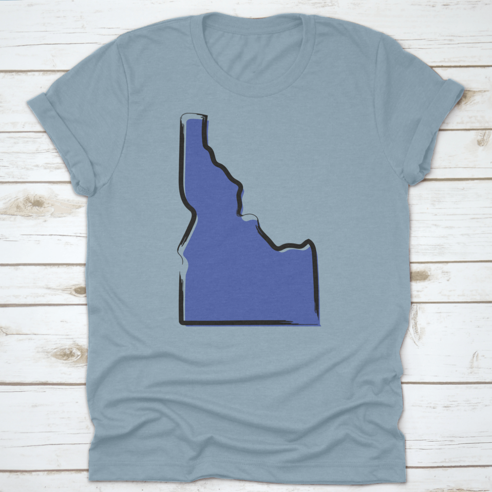 Stylized blue sketch map of Idaho, showcasing scenic landscapes and travel destinations.