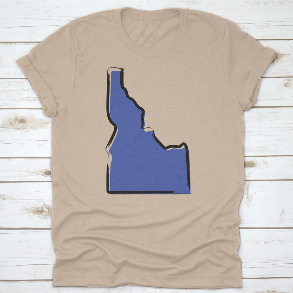 Stylized blue sketch map of Idaho, showcasing scenic landscapes and travel destinations.