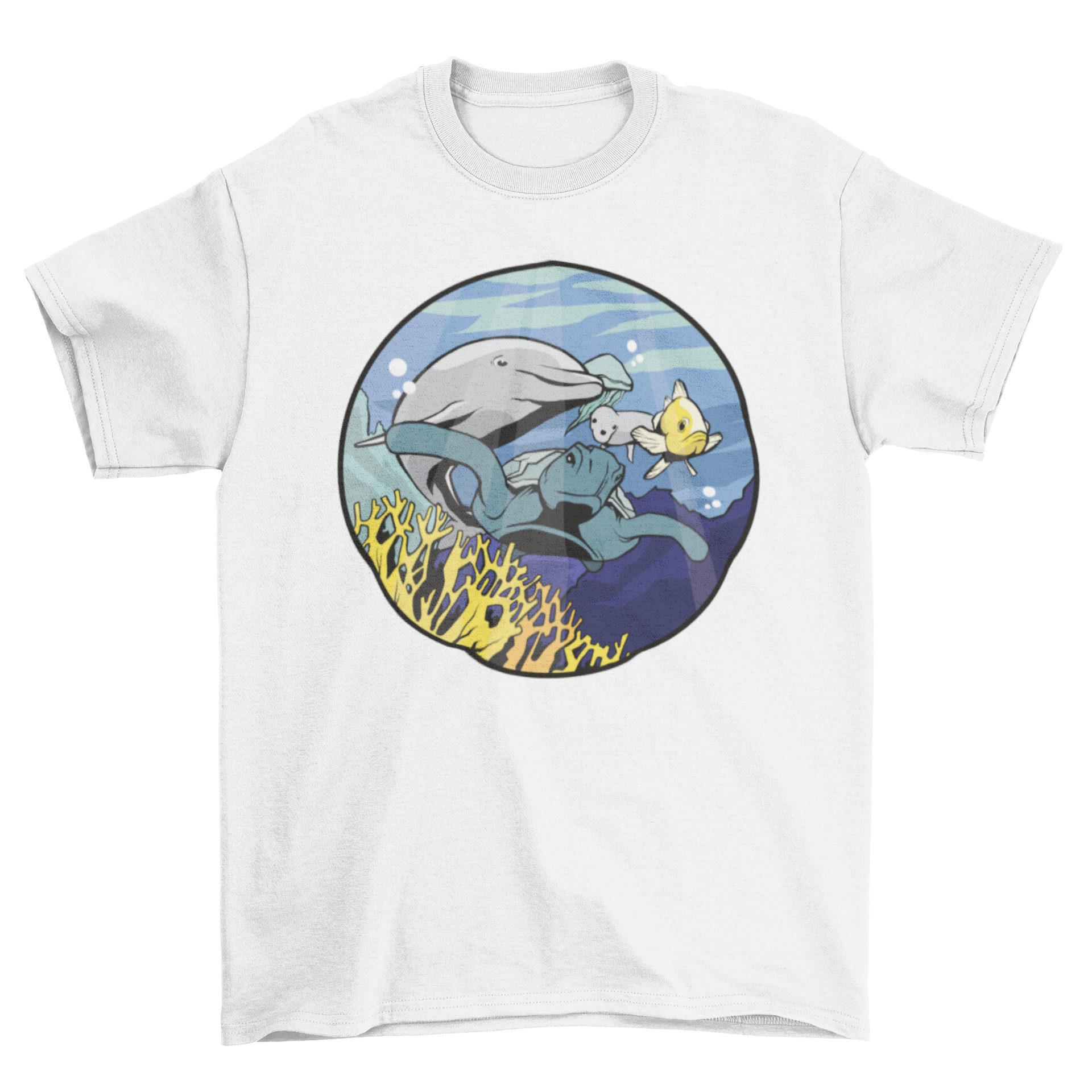 A vibrant t-shirt featuring a colorful underwater scene with a coral reef and various submarine animals like dolphins and sea turtles.