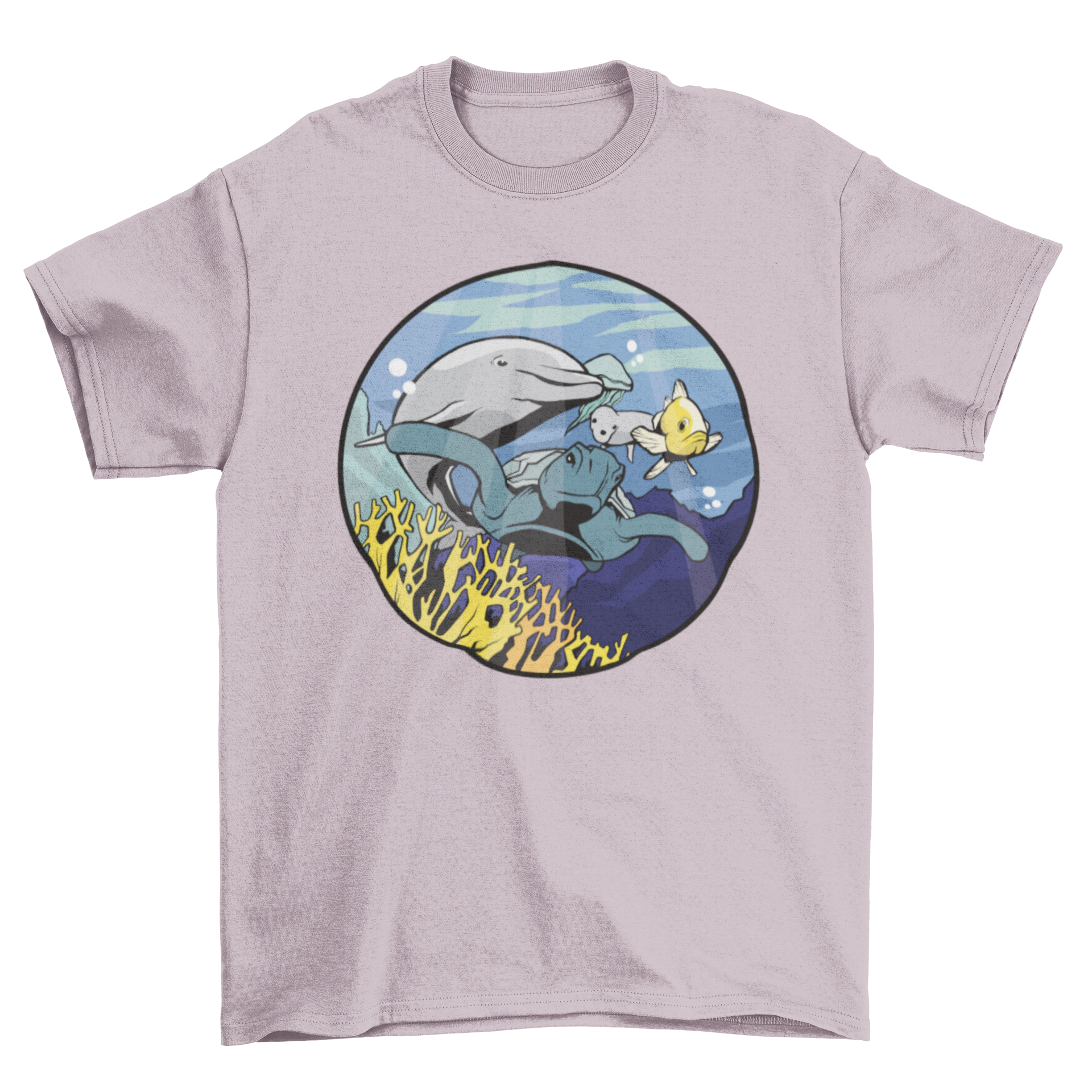 A vibrant t-shirt featuring a colorful underwater scene with a coral reef and various submarine animals like dolphins and sea turtles.