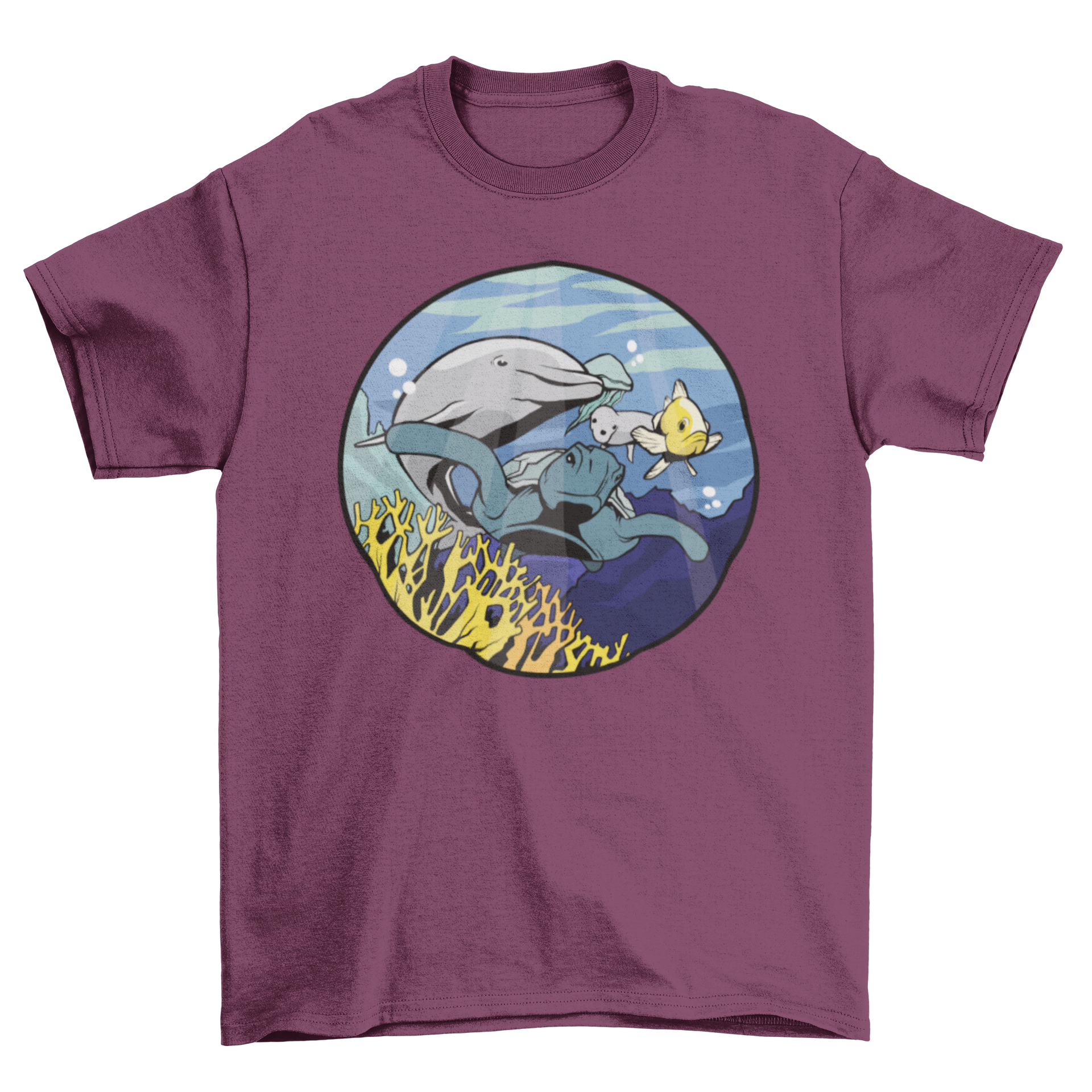 A vibrant t-shirt featuring a colorful underwater scene with a coral reef and various submarine animals like dolphins and sea turtles.