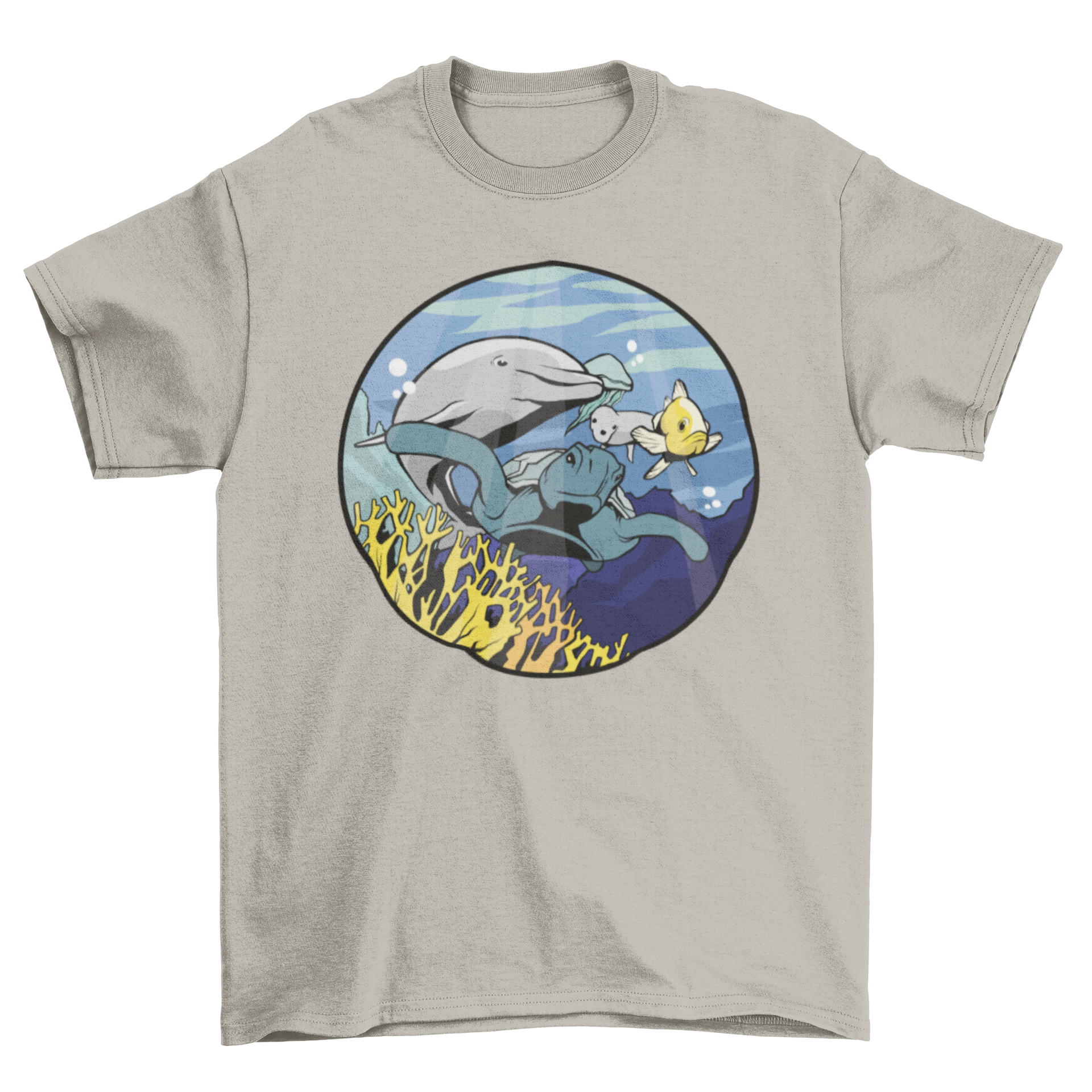 A vibrant t-shirt featuring a colorful underwater scene with a coral reef and various submarine animals like dolphins and sea turtles.