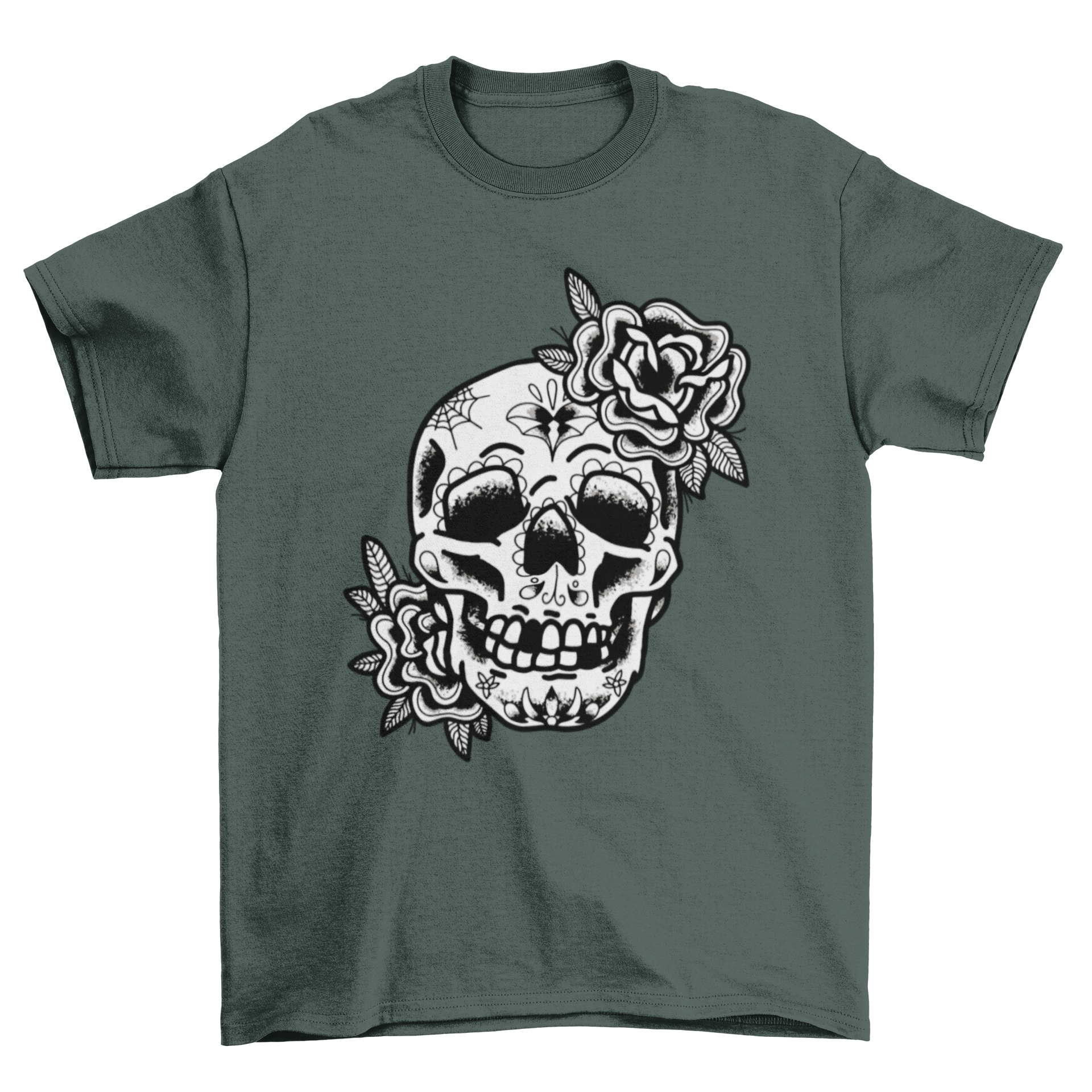 Sugar skull traditional tattoo t-shirt featuring an intricate skull design in old school tattoo style.