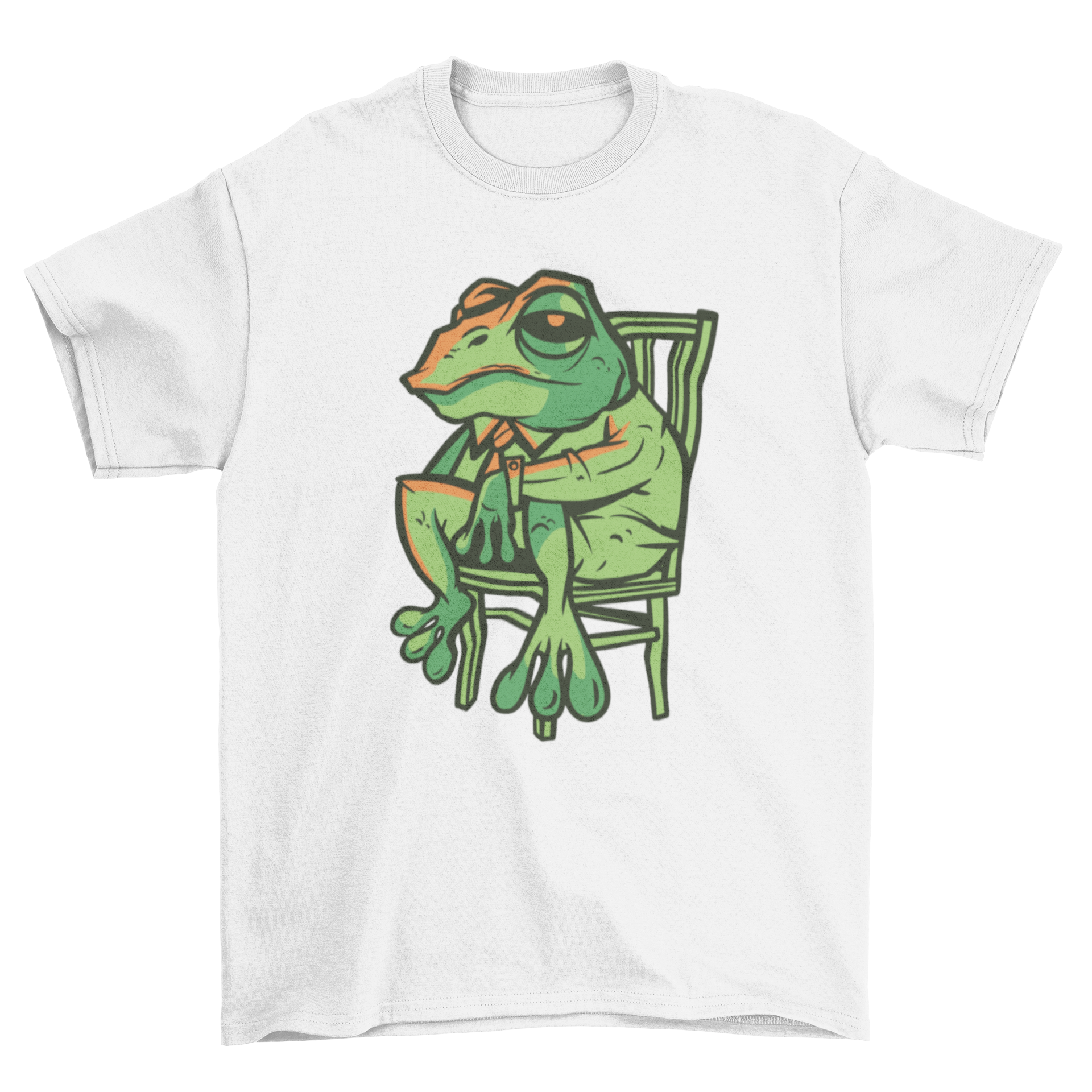 A stylish t-shirt featuring a frog in a suit sitting on a chair, showcasing a unique and playful design.