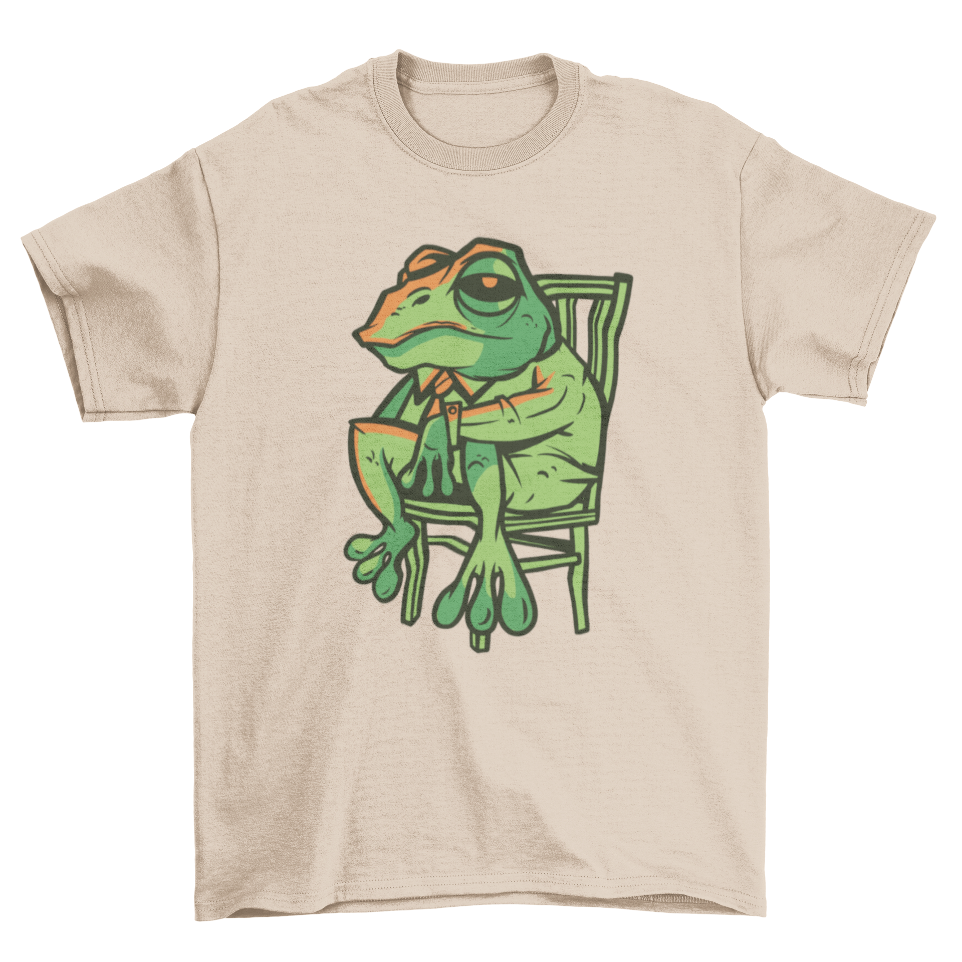 A stylish t-shirt featuring a frog in a suit sitting on a chair, showcasing a unique and playful design.