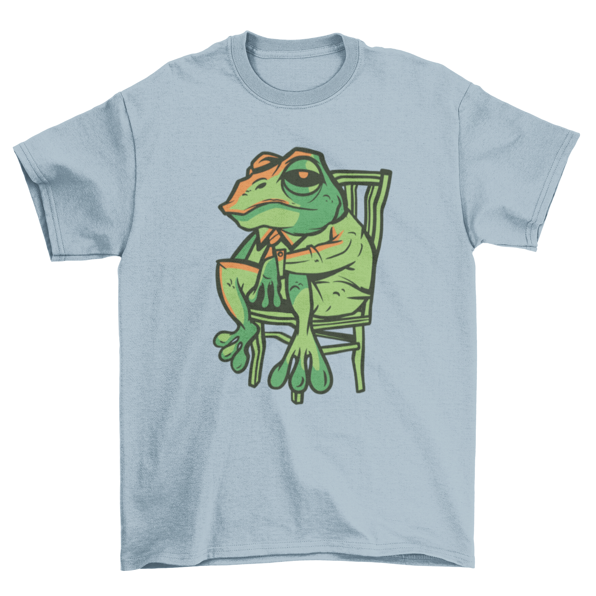 A stylish t-shirt featuring a frog in a suit sitting on a chair, showcasing a unique and playful design.