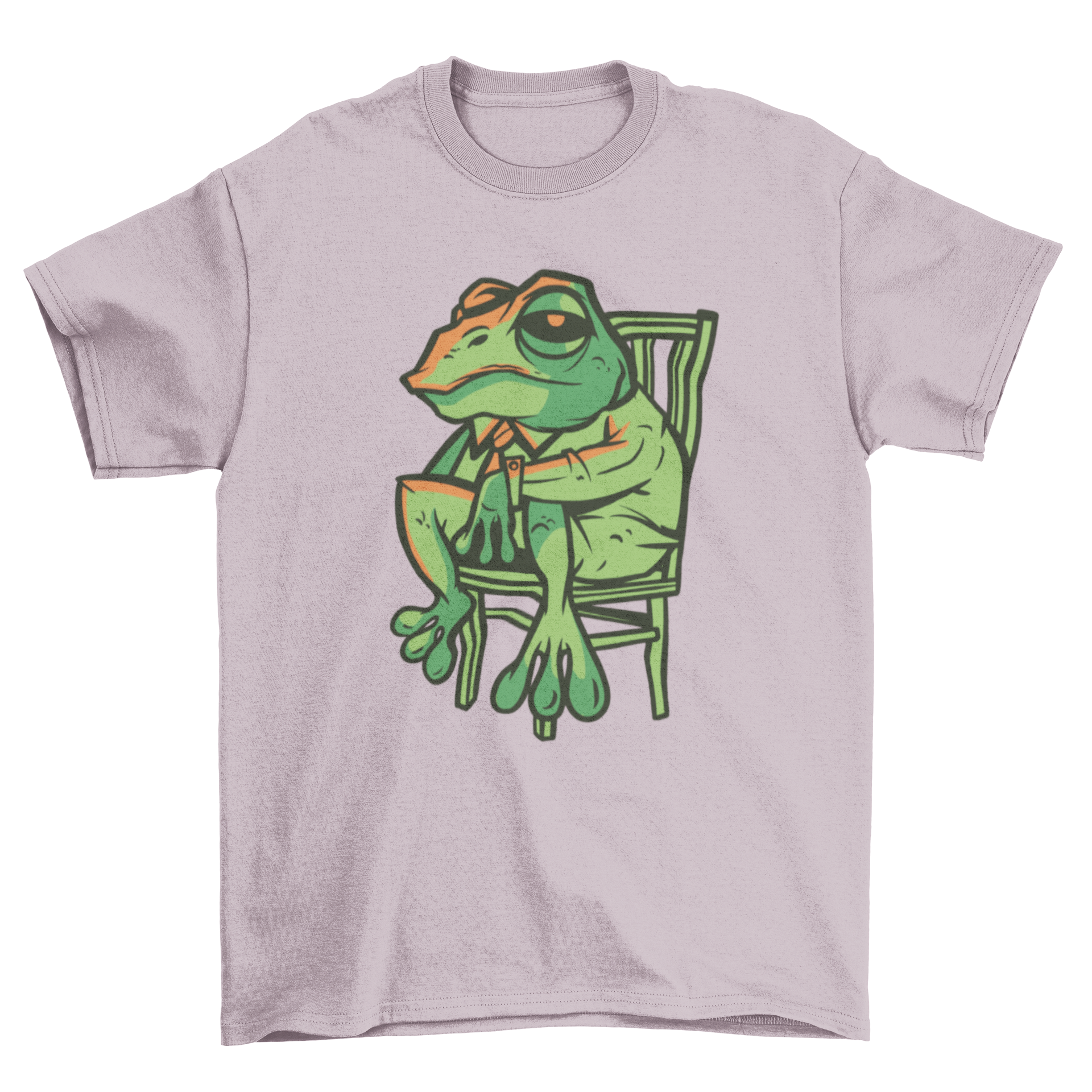 A stylish t-shirt featuring a frog in a suit sitting on a chair, showcasing a unique and playful design.