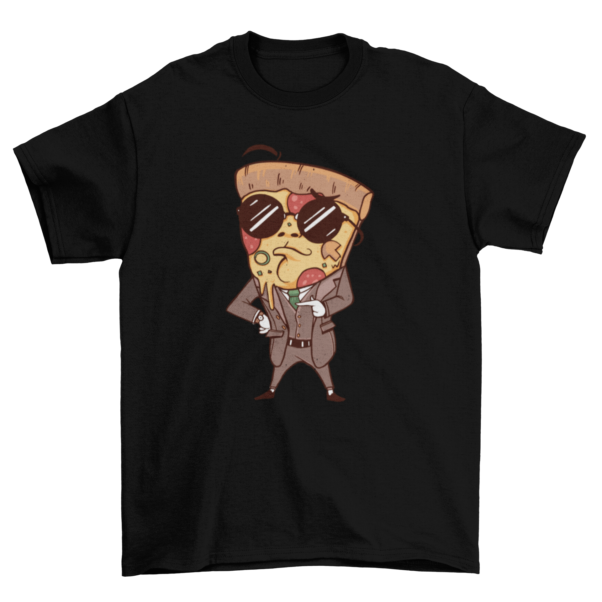 A cartoon-style t-shirt featuring a slice of pizza wearing a suit and sunglasses, showcasing a fun and stylish design.