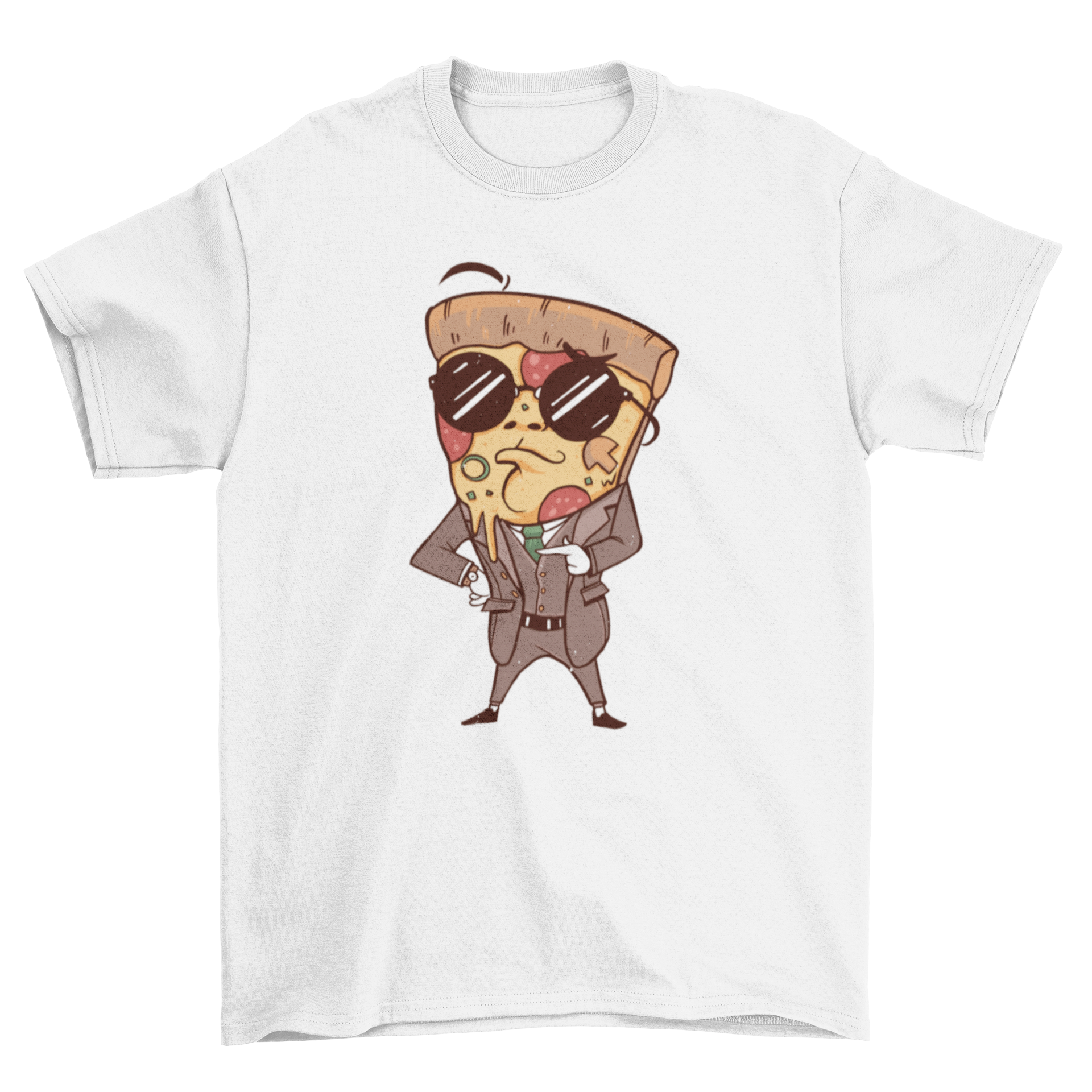 A cartoon-style t-shirt featuring a slice of pizza wearing a suit and sunglasses, showcasing a fun and stylish design.