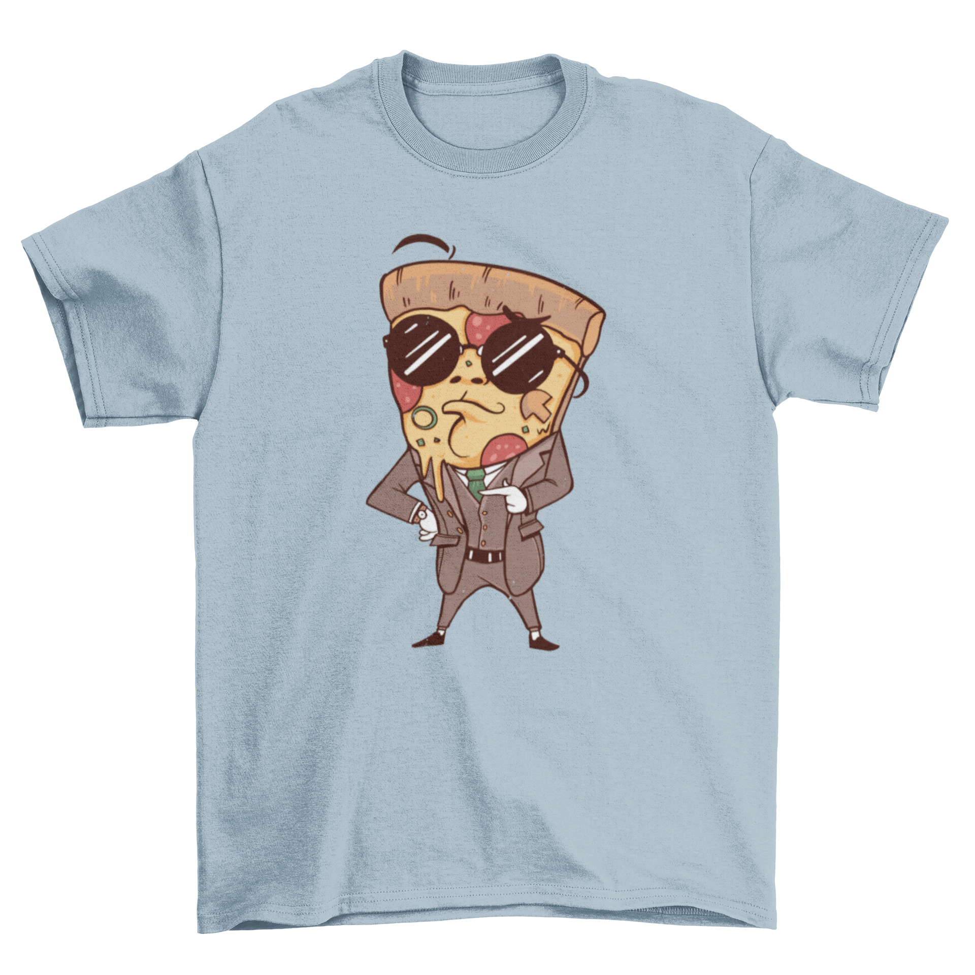 A cartoon-style t-shirt featuring a slice of pizza wearing a suit and sunglasses, showcasing a fun and stylish design.