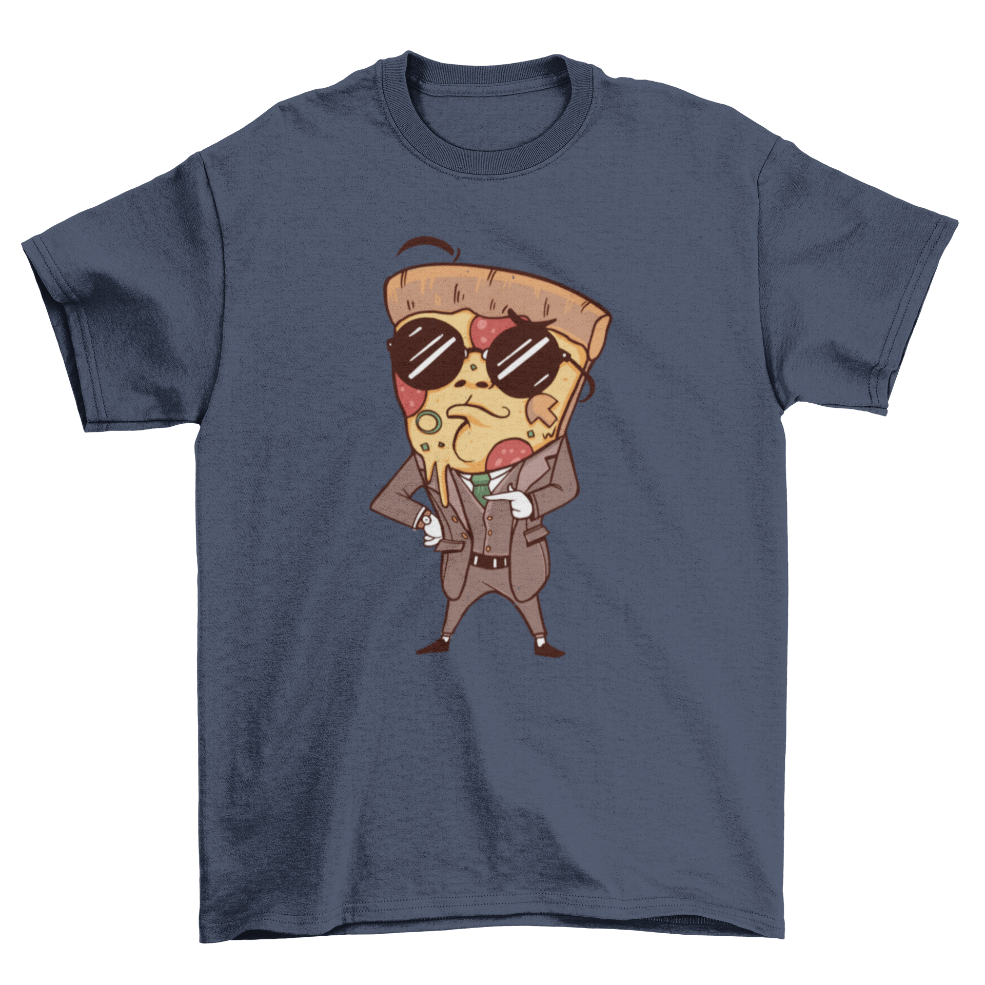 A cartoon-style t-shirt featuring a slice of pizza wearing a suit and sunglasses, showcasing a fun and stylish design.