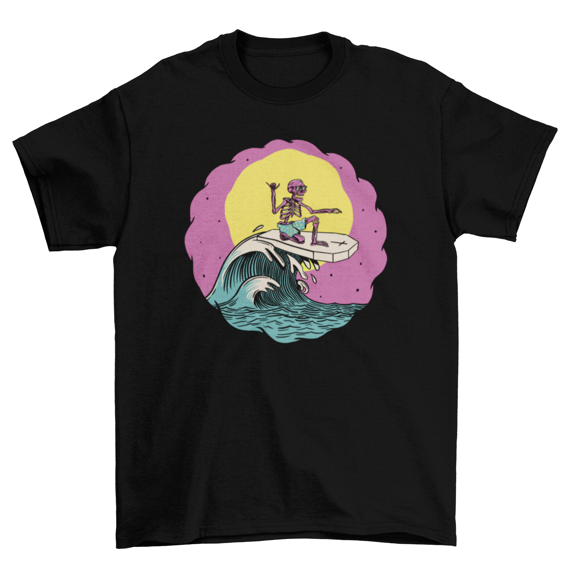 A vibrant t-shirt featuring a skeleton surfing on a coffin, perfect for summer beach outings.