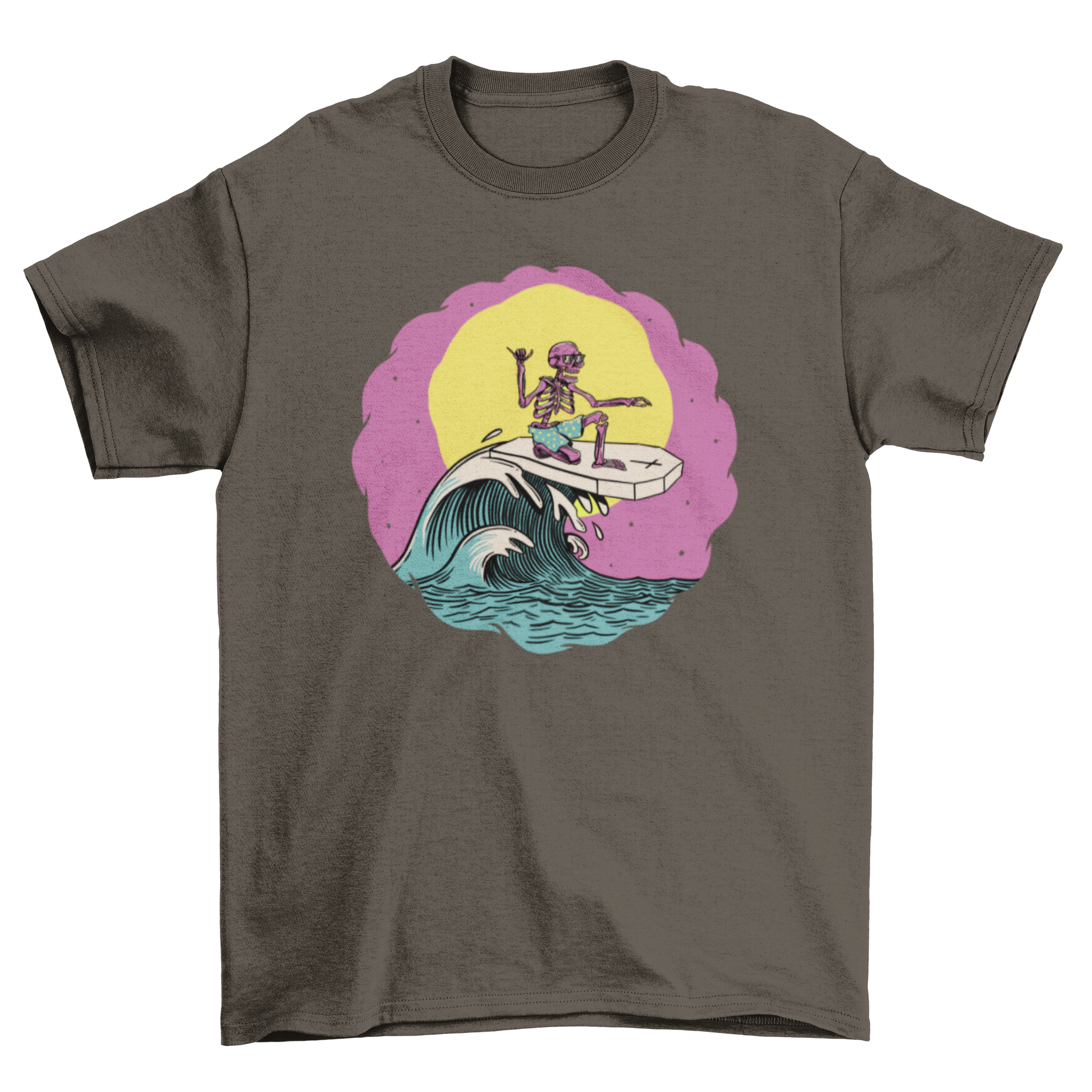 A vibrant t-shirt featuring a skeleton surfing on a coffin, perfect for summer beach outings.