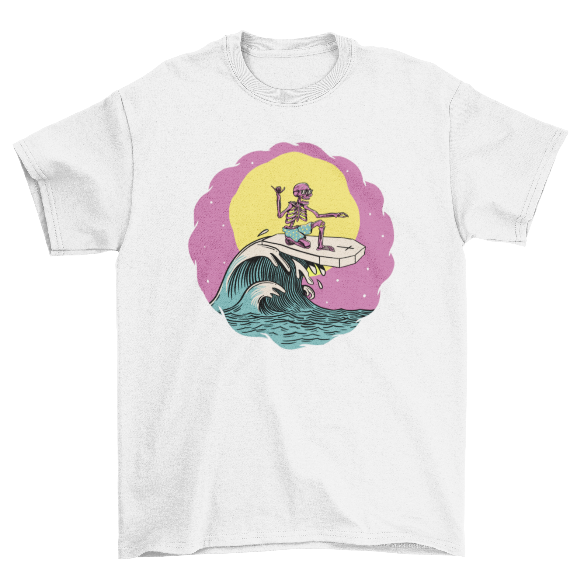 A vibrant t-shirt featuring a skeleton surfing on a coffin, perfect for summer beach outings.