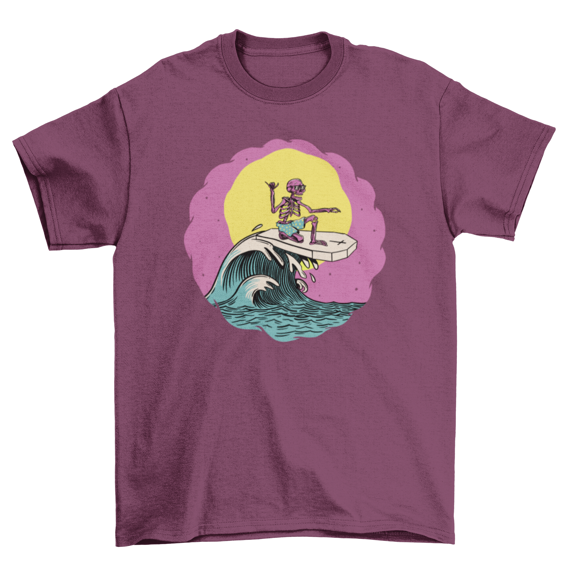 A vibrant t-shirt featuring a skeleton surfing on a coffin, perfect for summer beach outings.