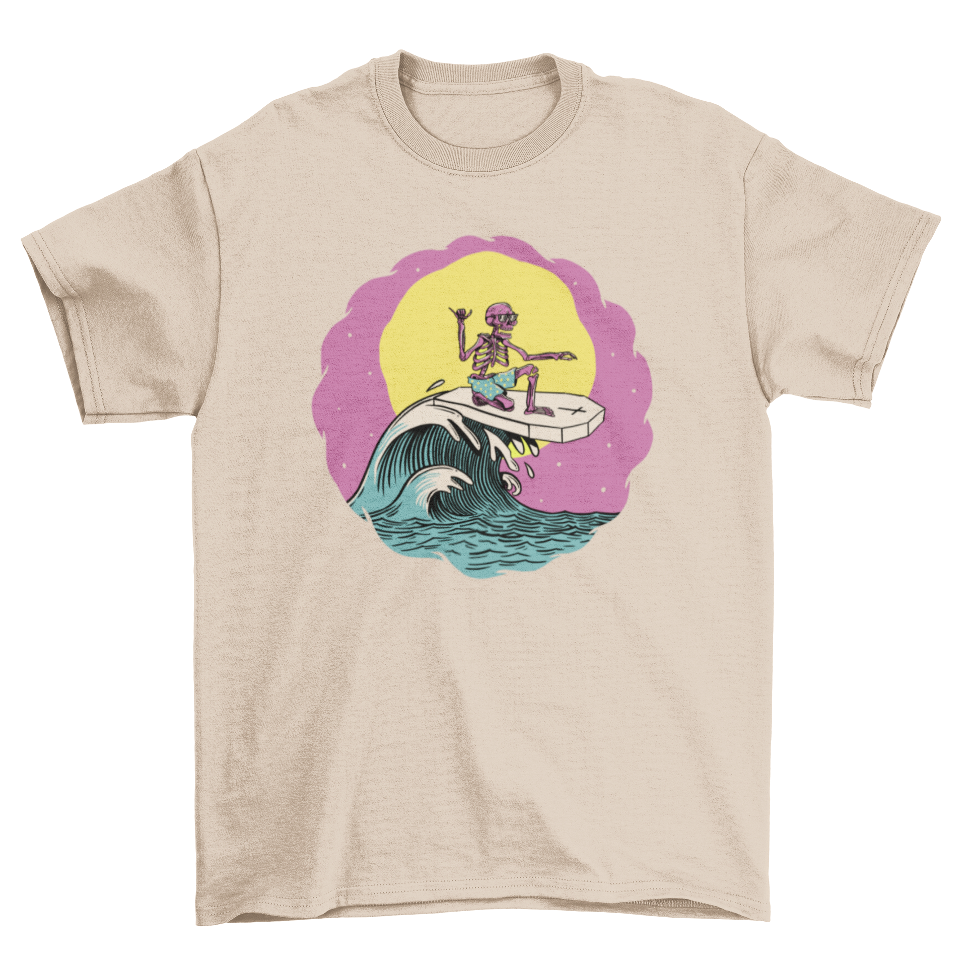 A vibrant t-shirt featuring a skeleton surfing on a coffin, perfect for summer beach outings.