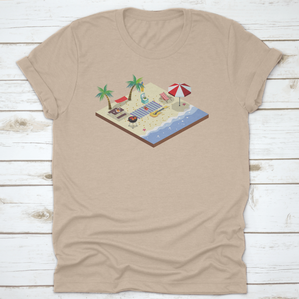 A stylish Summer Beach View 3D Isometric Vector Concept Shirt featuring a vibrant beach scene design, made from soft cotton fabric.