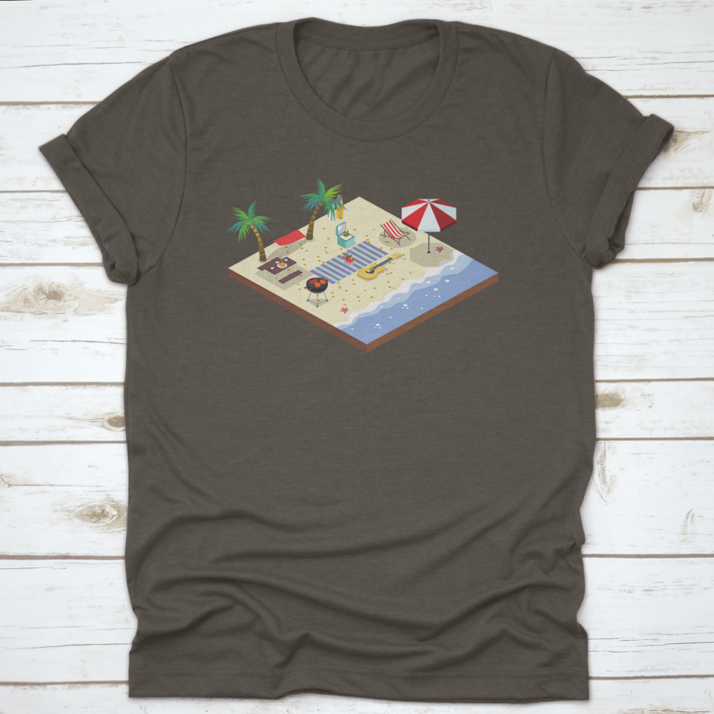 A stylish Summer Beach View 3D Isometric Vector Concept Shirt featuring a vibrant beach scene design, made from soft cotton fabric.