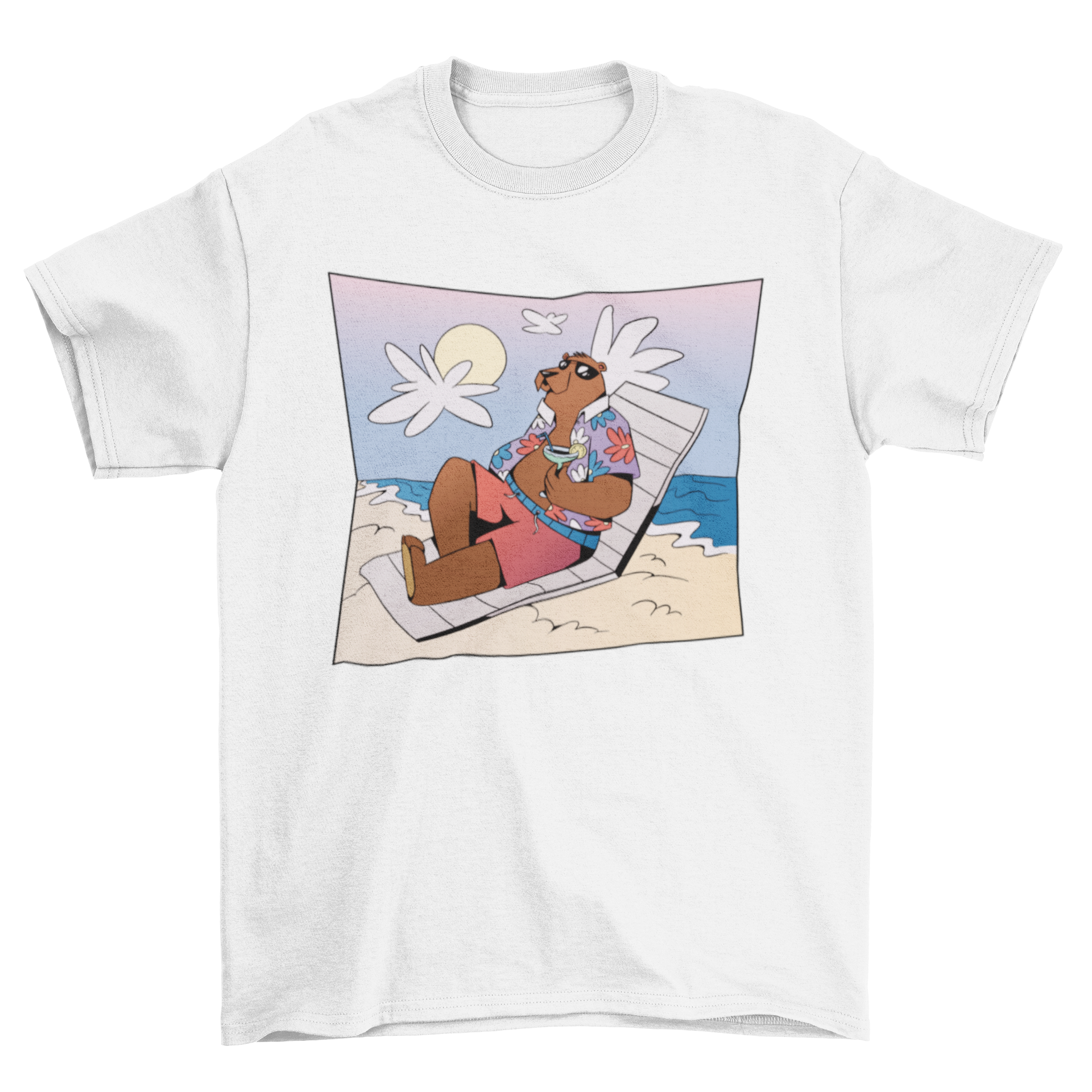 A vibrant summer t-shirt featuring a bear relaxing on the beach with a drink, perfect for summer outings.