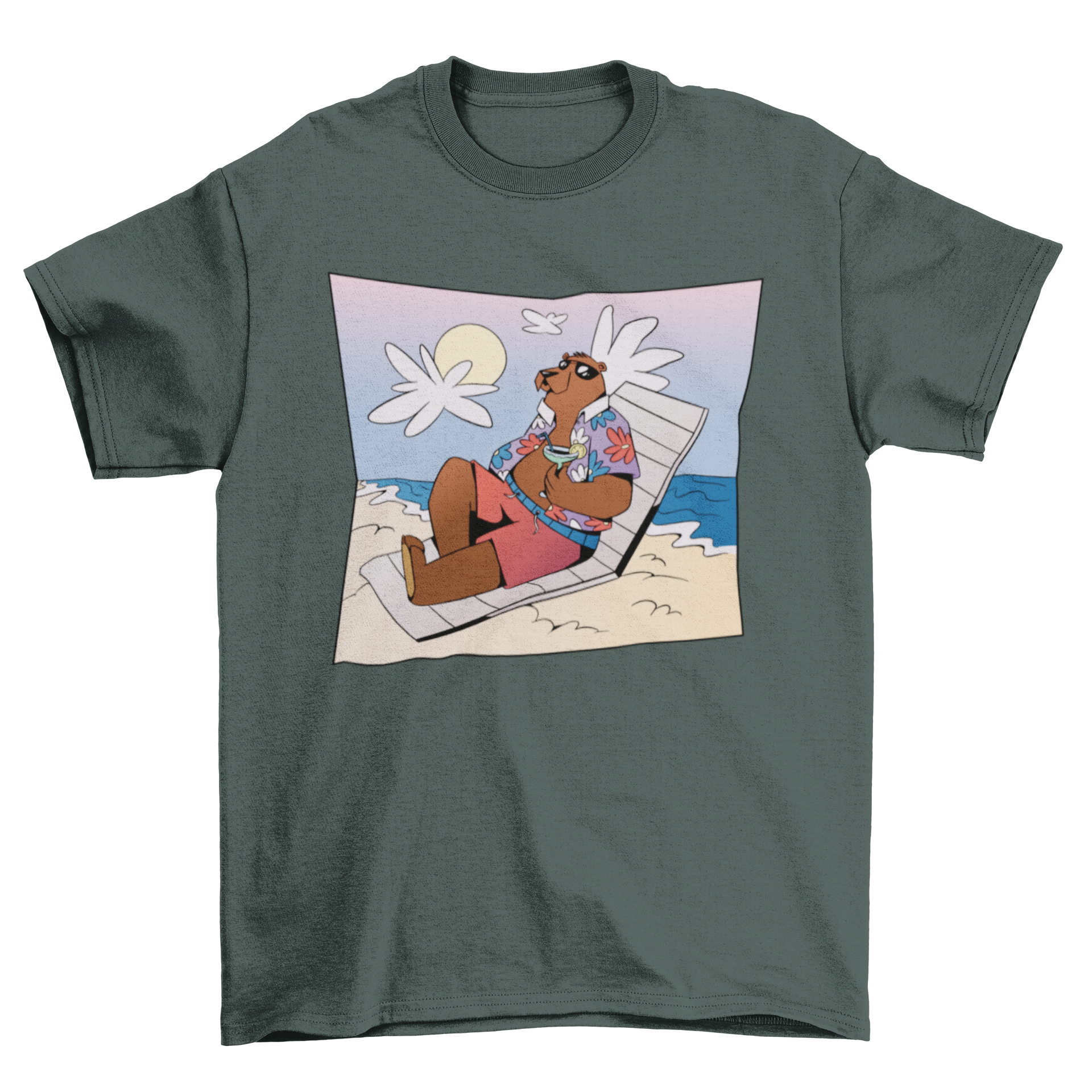 A vibrant summer t-shirt featuring a bear relaxing on the beach with a drink, perfect for summer outings.