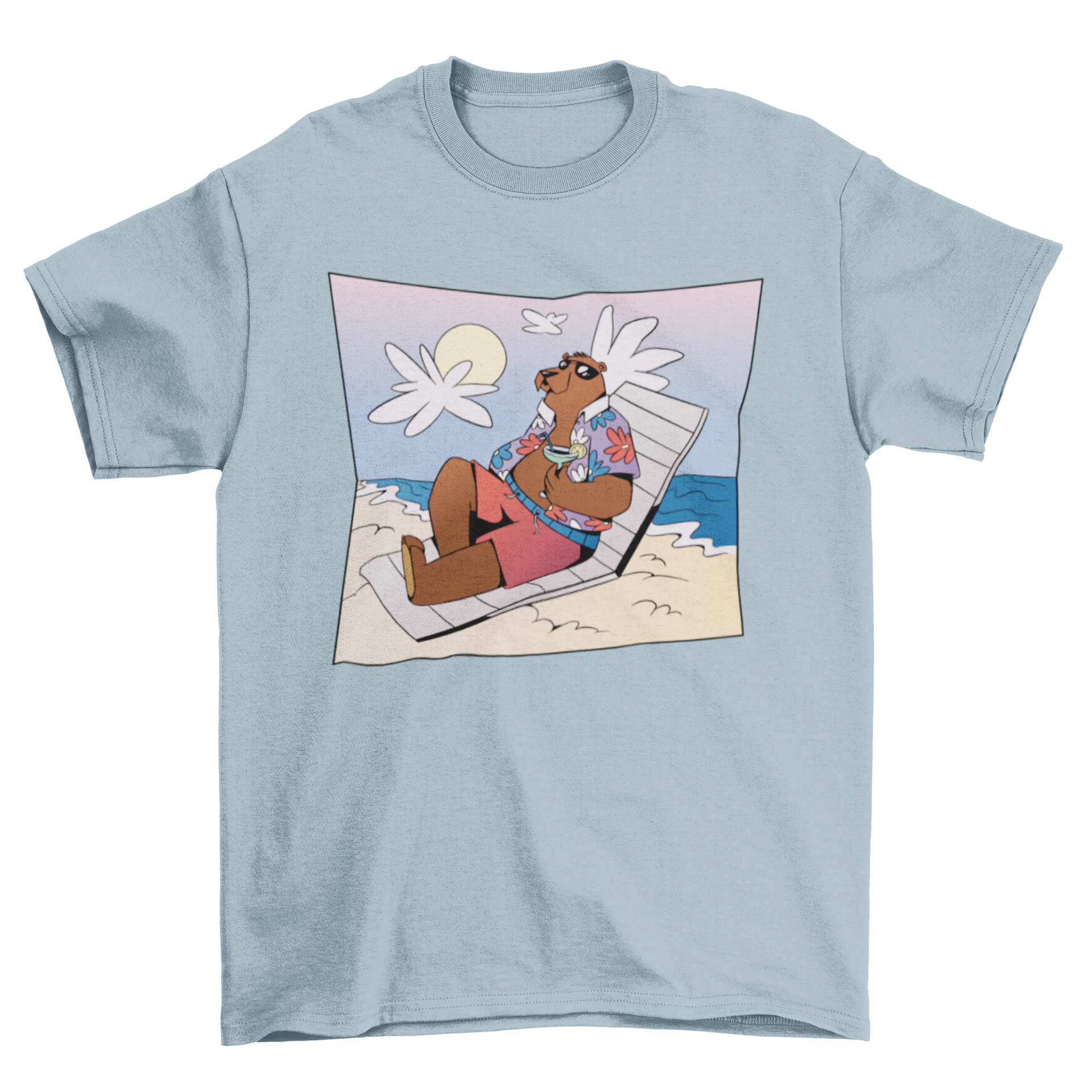 A vibrant summer t-shirt featuring a bear relaxing on the beach with a drink, perfect for summer outings.