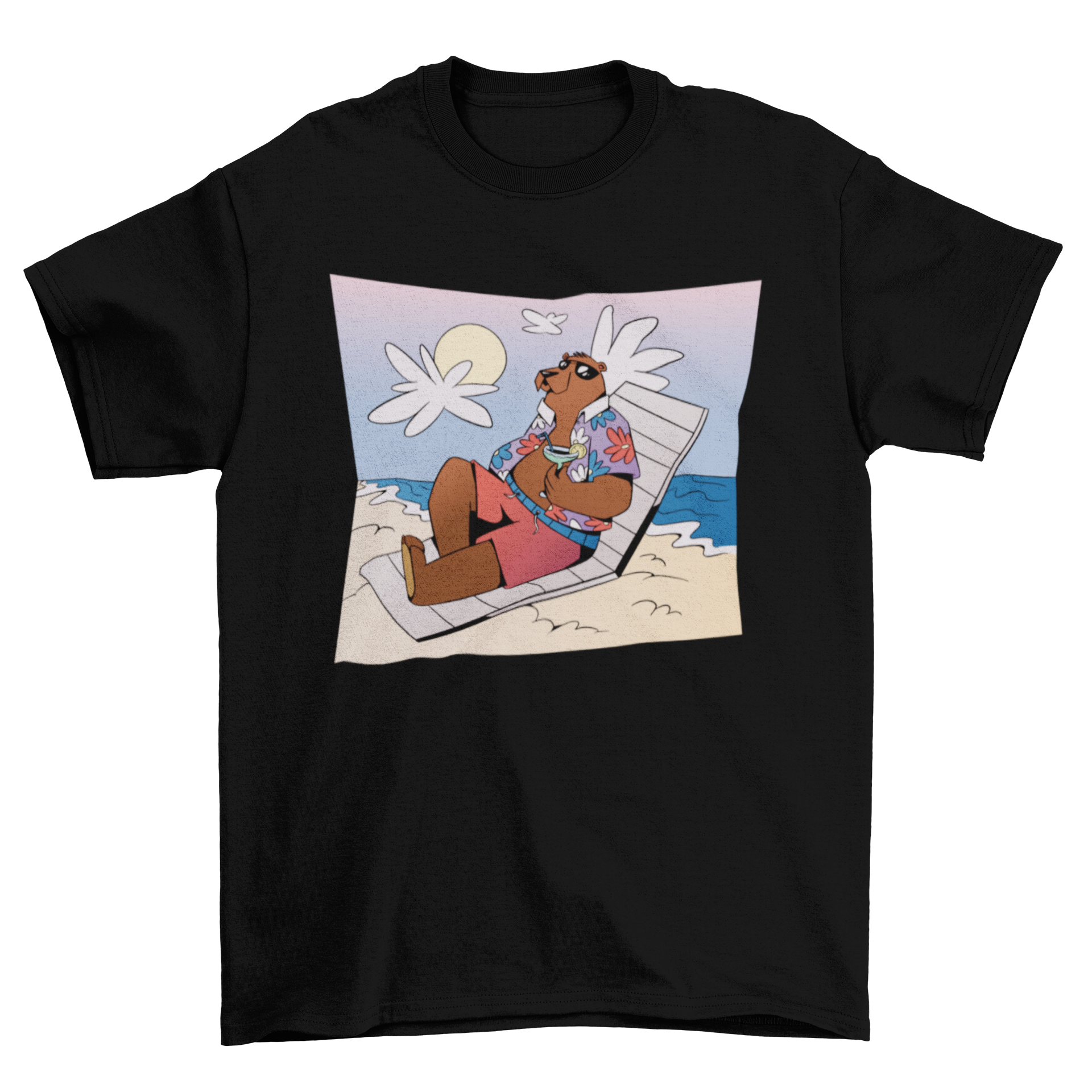 A vibrant summer t-shirt featuring a bear relaxing on the beach with a drink, perfect for summer outings.