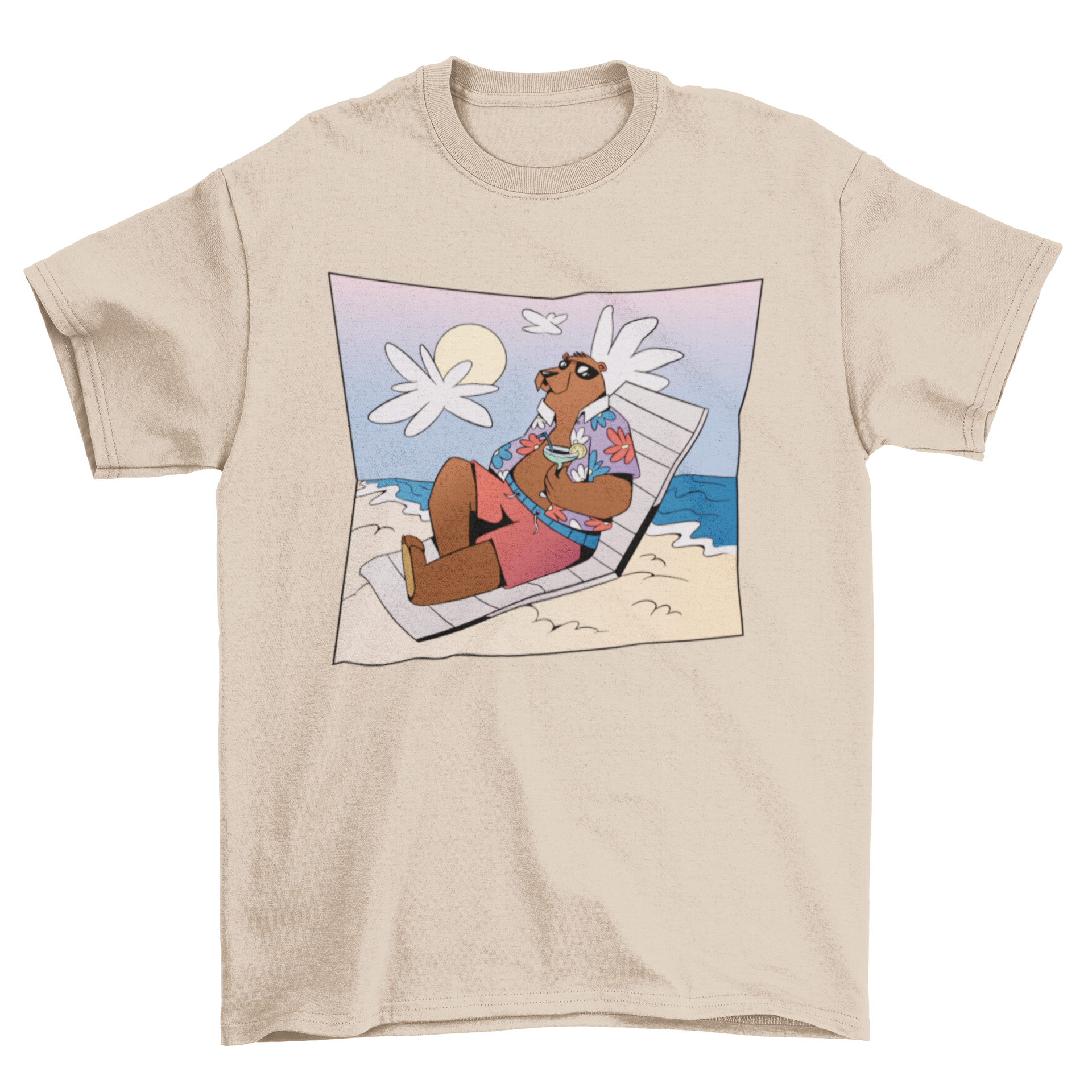 A vibrant summer t-shirt featuring a bear relaxing on the beach with a drink, perfect for summer outings.