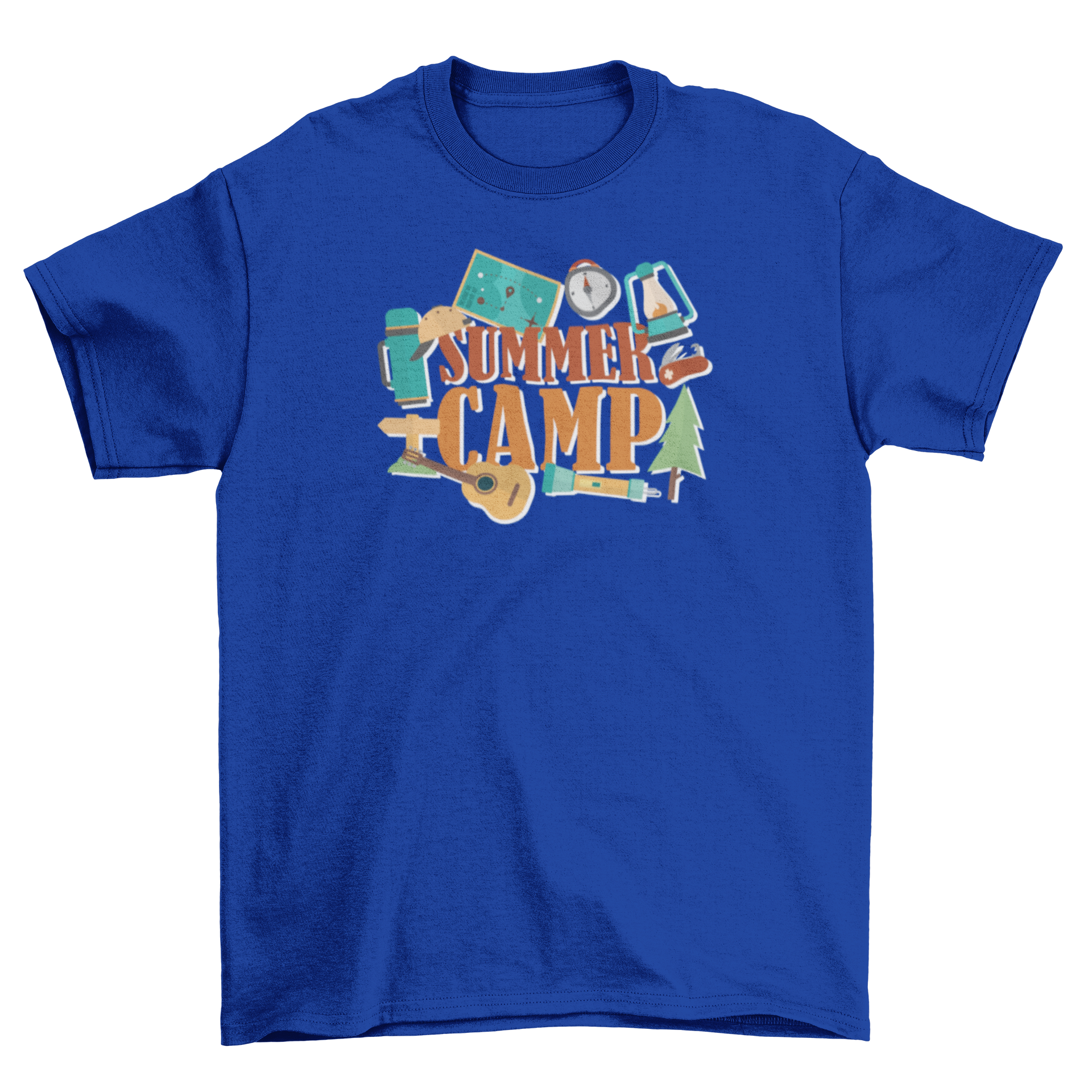 A vibrant Summer Camp t-shirt featuring the caption 'Summer Camp' surrounded by camping elements like tents and trees.