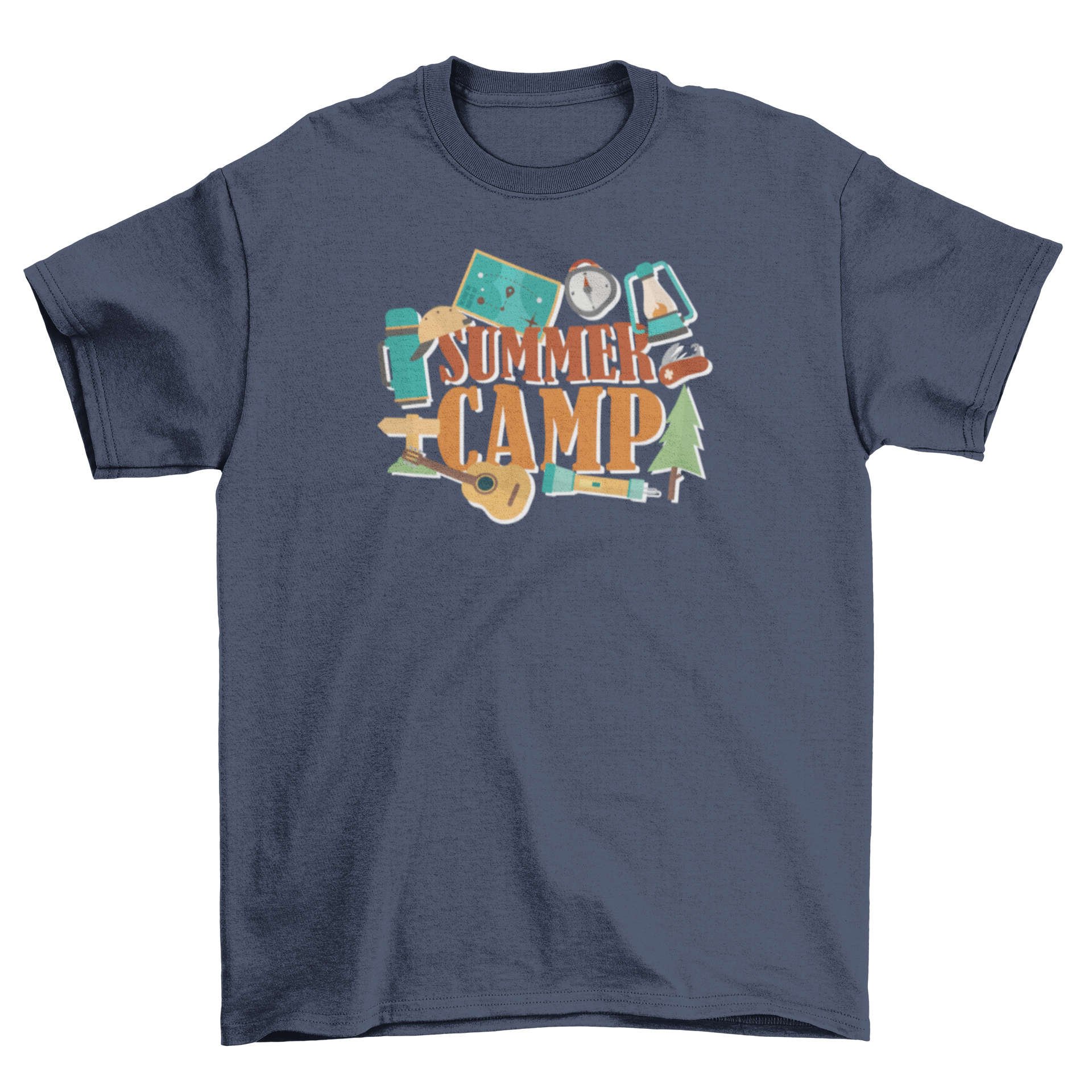 A vibrant Summer Camp t-shirt featuring the caption 'Summer Camp' surrounded by camping elements like tents and trees.