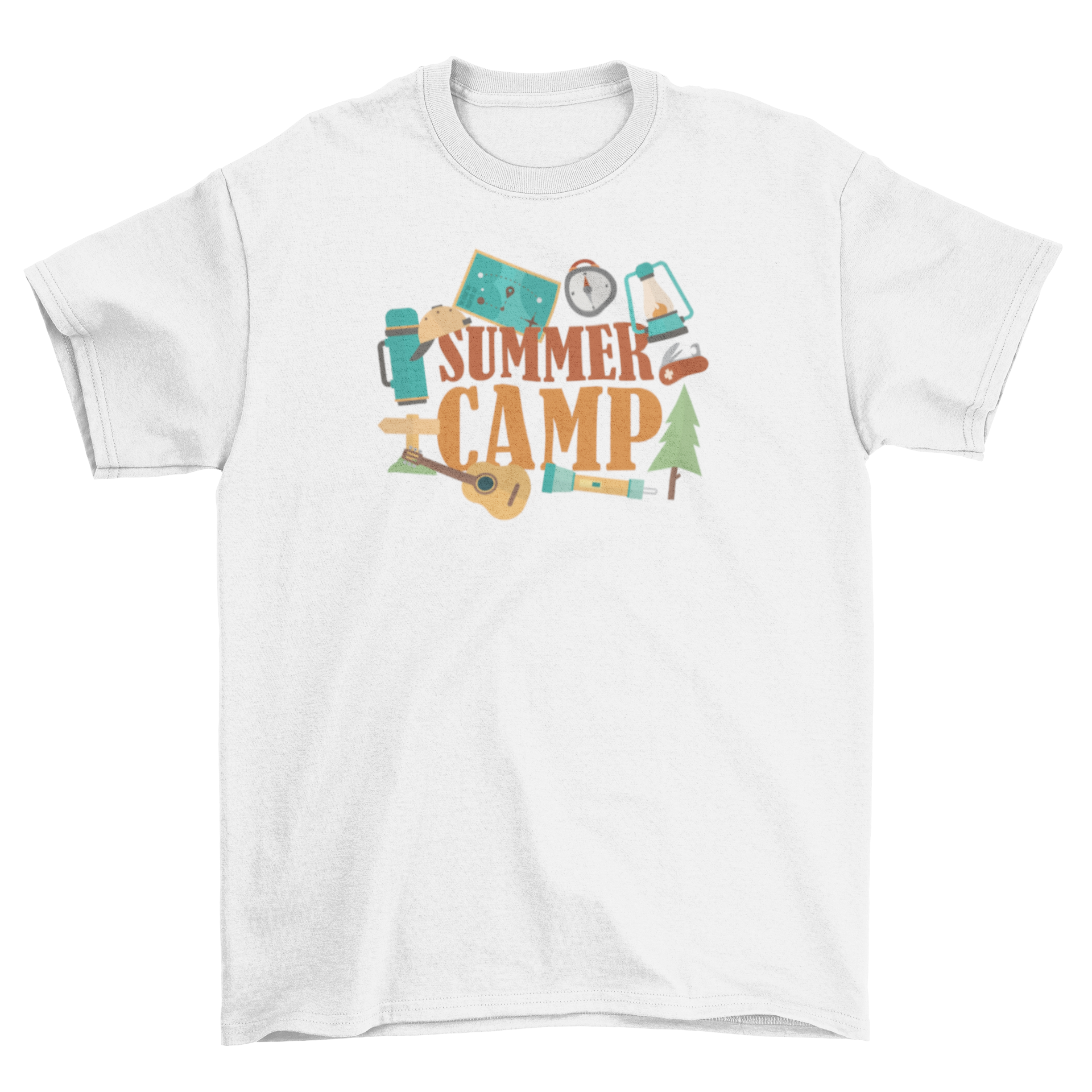 A vibrant Summer Camp t-shirt featuring the caption 'Summer Camp' surrounded by camping elements like tents and trees.