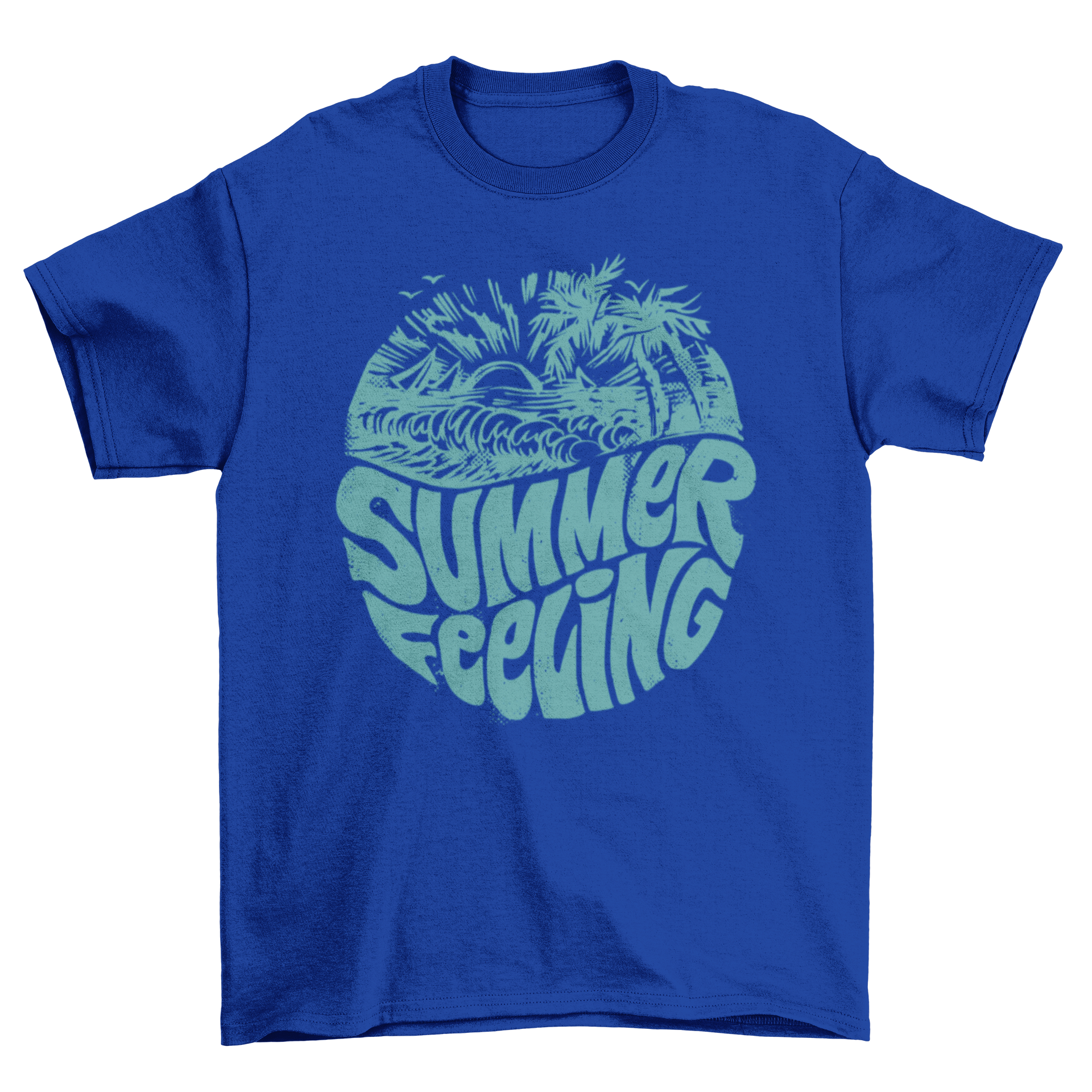 Summer Feeling Green T-Shirt featuring a vibrant sunset beach design and the quote 'Summer feeling'.