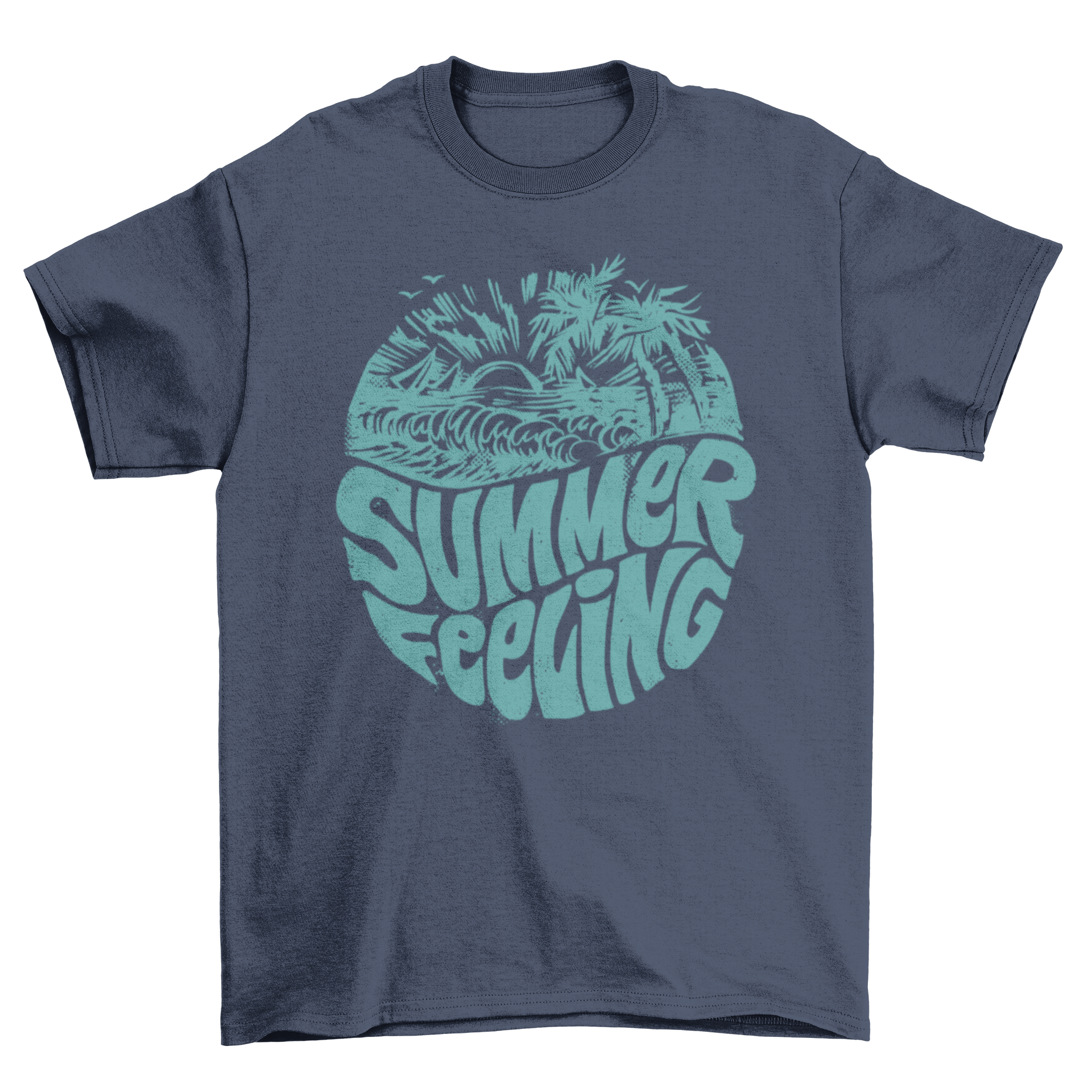 Summer Feeling Green T-Shirt featuring a vibrant sunset beach design and the quote 'Summer feeling'.