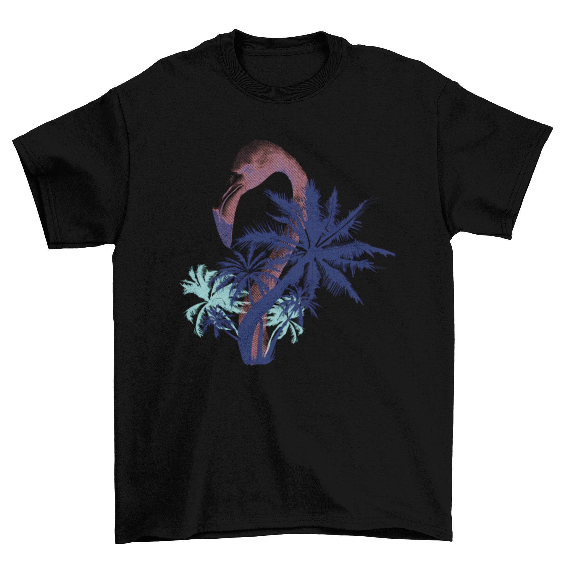 A stylish summer t-shirt featuring a pink flamingo design with palm tree silhouettes in deep blue background.