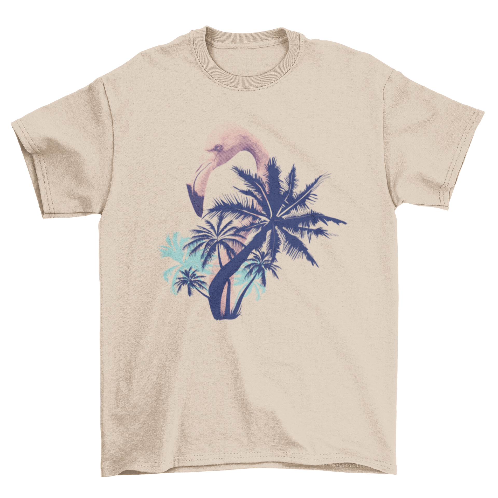 A stylish summer t-shirt featuring a pink flamingo design with palm tree silhouettes in deep blue background.