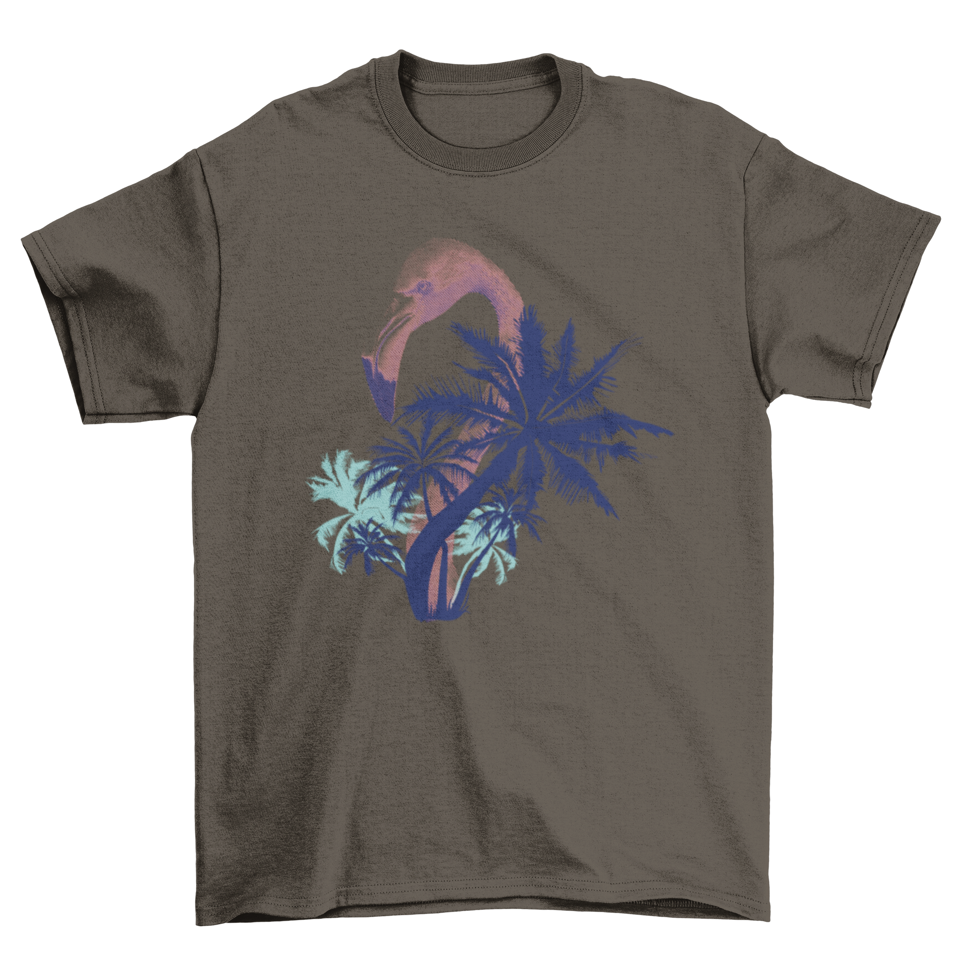 A stylish summer t-shirt featuring a pink flamingo design with palm tree silhouettes in deep blue background.