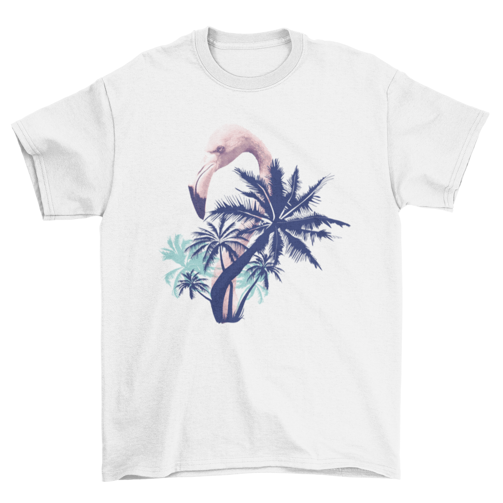 A stylish summer t-shirt featuring a pink flamingo design with palm tree silhouettes in deep blue background.