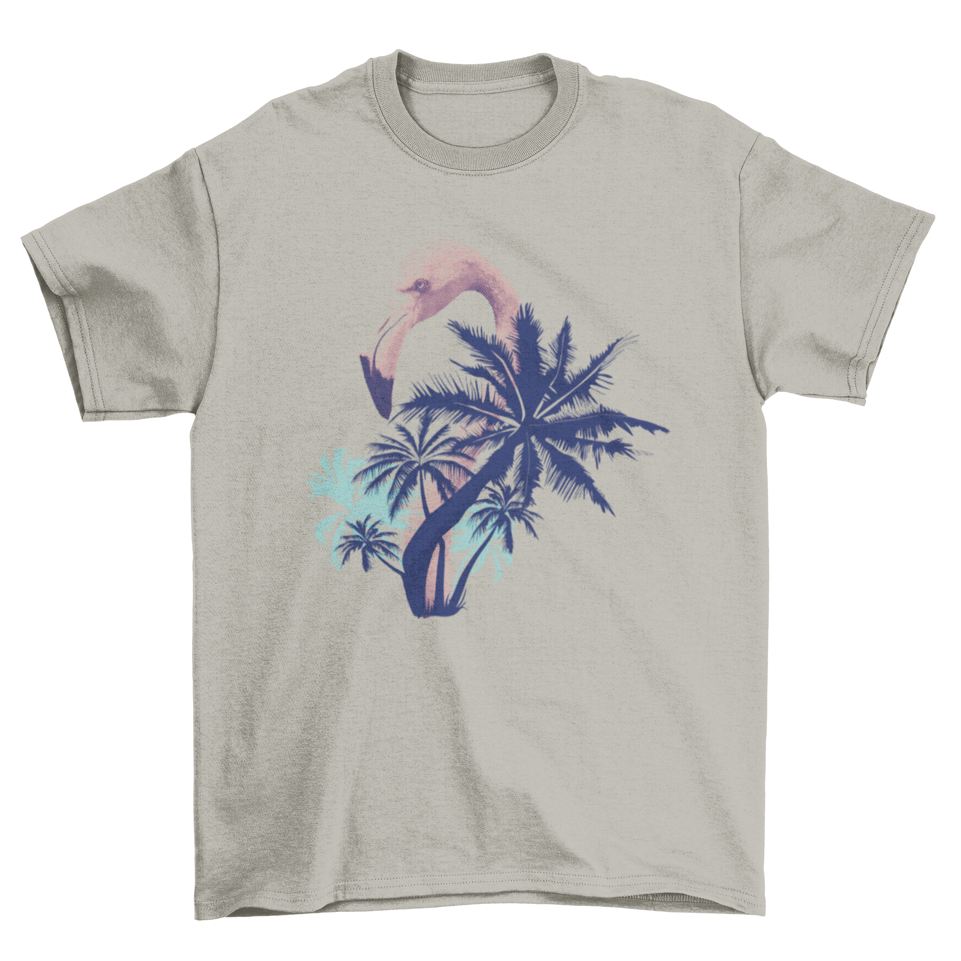 A stylish summer t-shirt featuring a pink flamingo design with palm tree silhouettes in deep blue background.