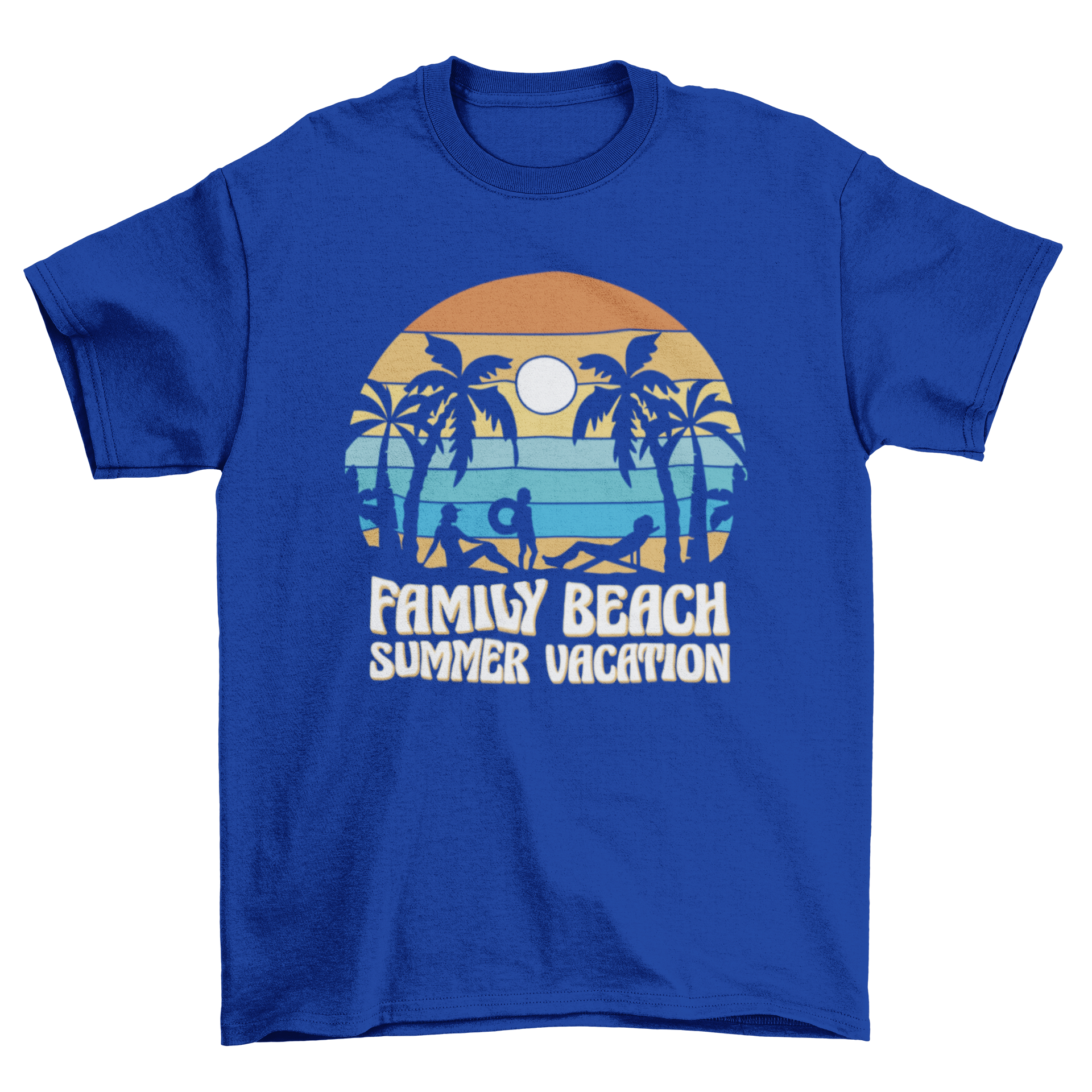 A stylish t-shirt featuring a retro sunset design with beach silhouettes and the quote 'Family beach summer vacation'.